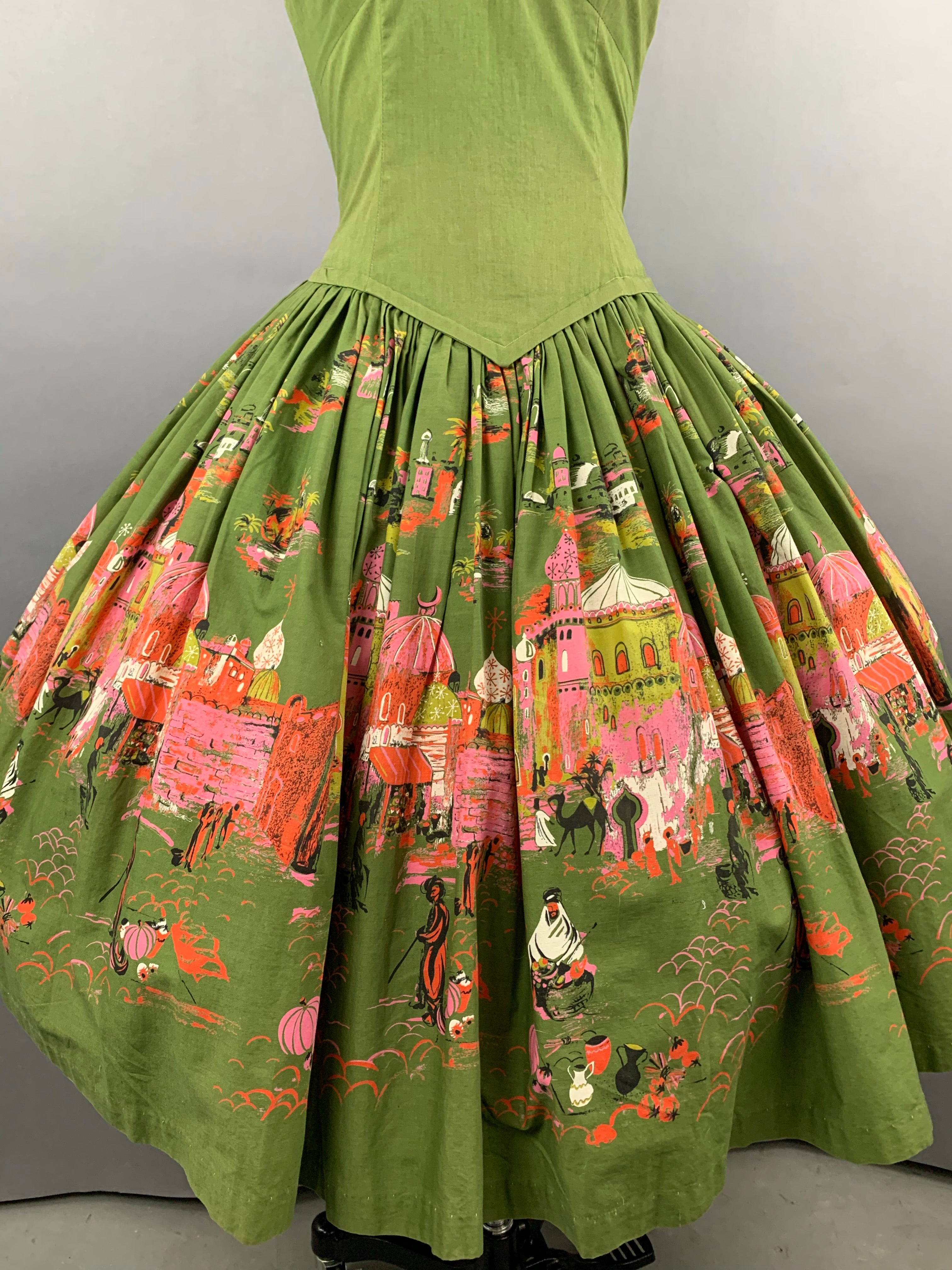 1950s Green Casbah Cotton Dress Size M