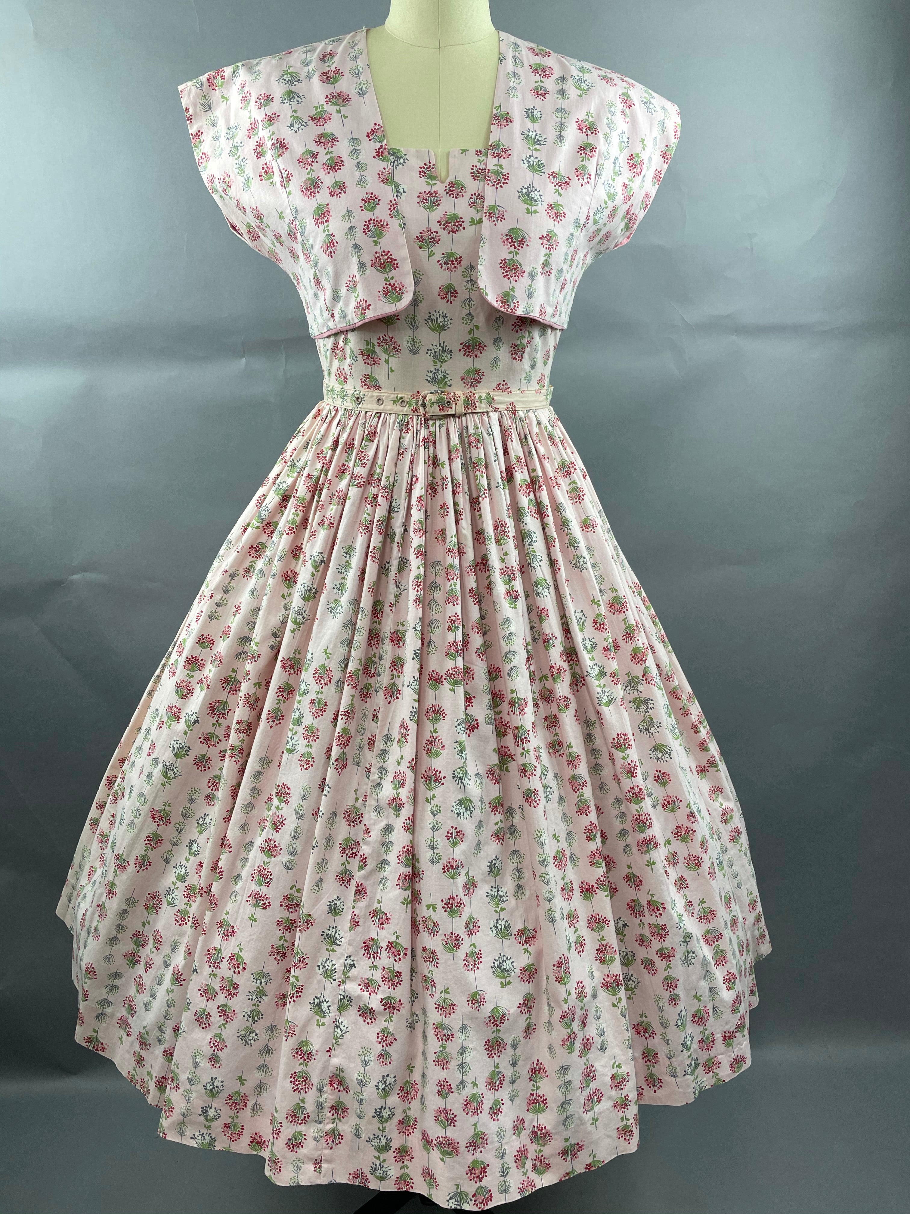 1950s Junior Vogues 3 piece Cotton Dress , Belt and Bolero Size M