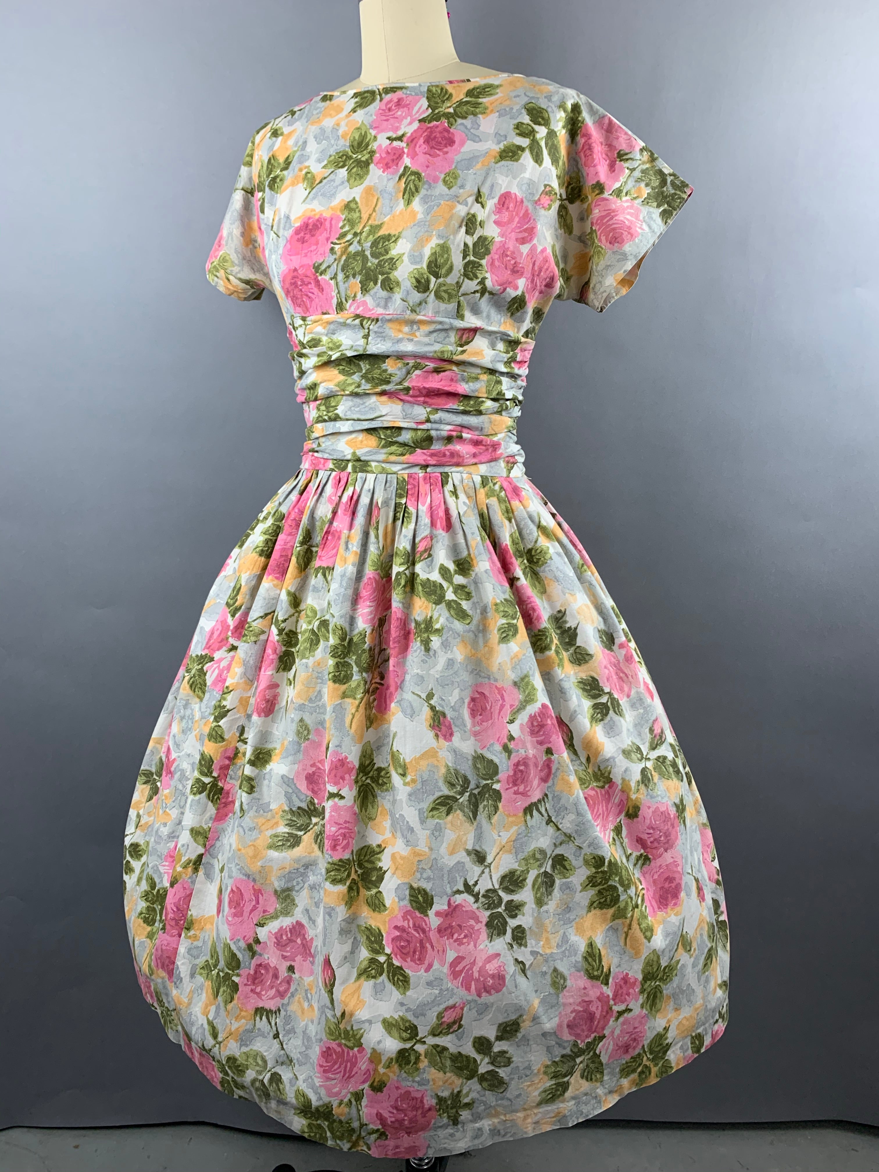 1950s Pink Roses Cotton Floral Dress Size M