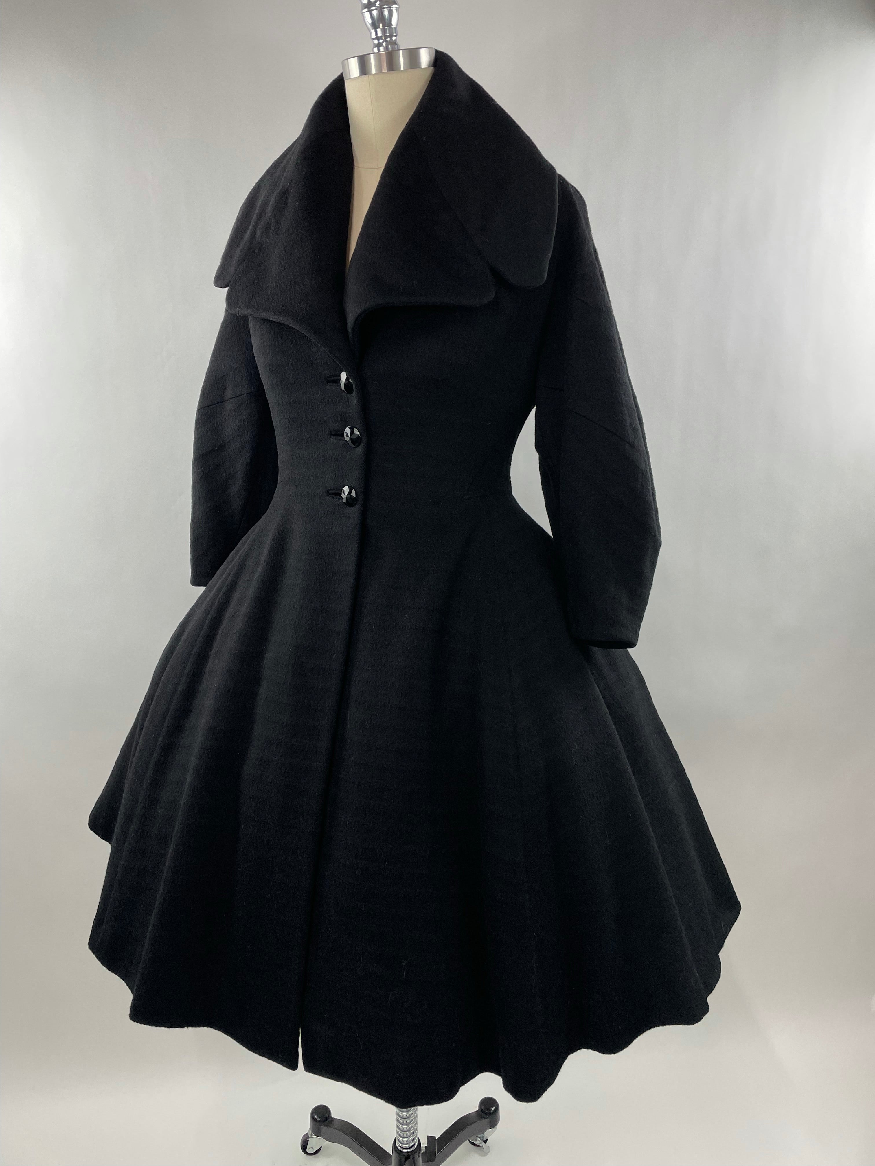 1950s Black Wool Lilli Ann Princess Coat with Exaggerated Collar and Sleeves Size L