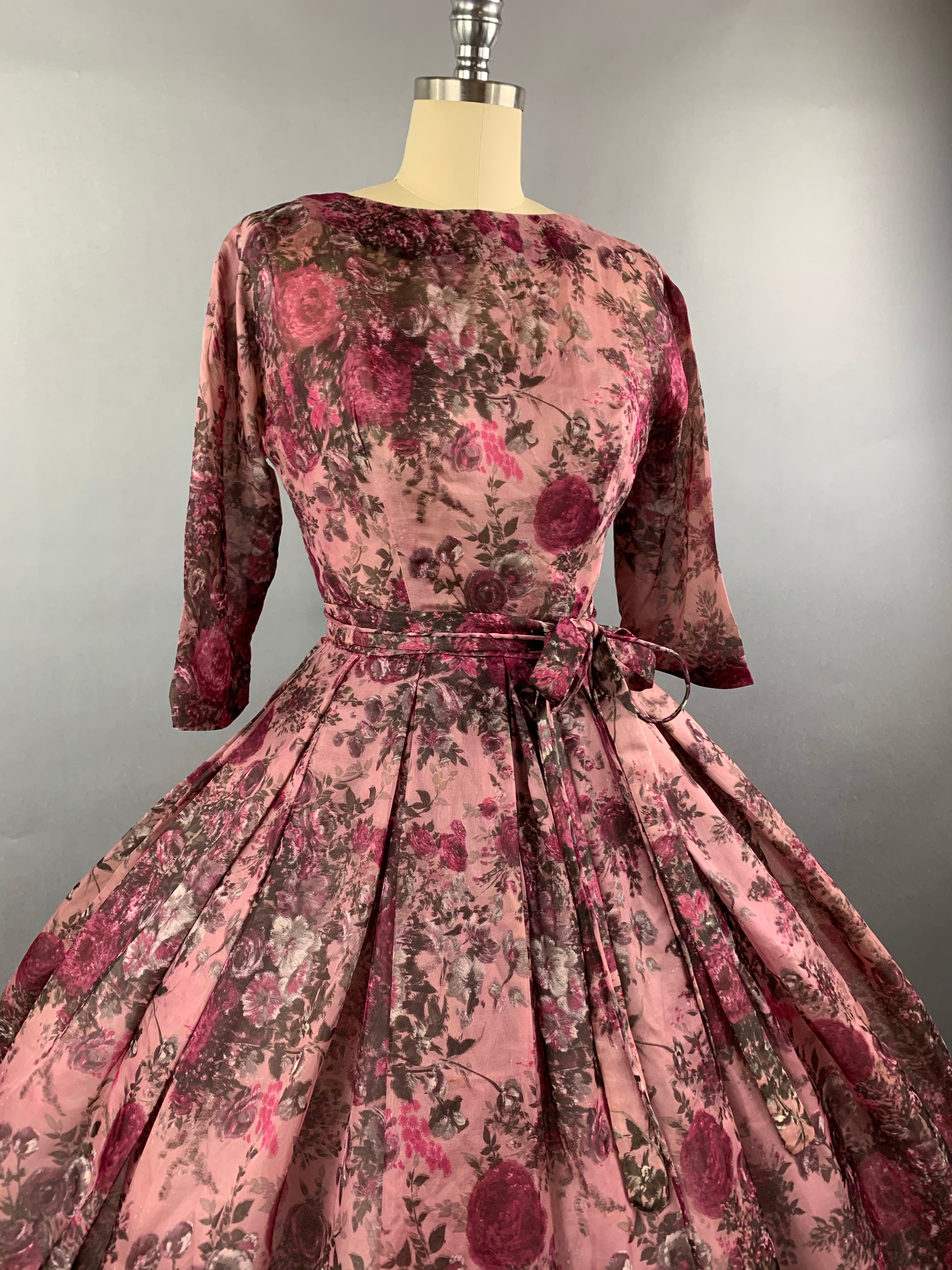 1950s Pink Roses Silk dress by Talmack John Moore New York Size M