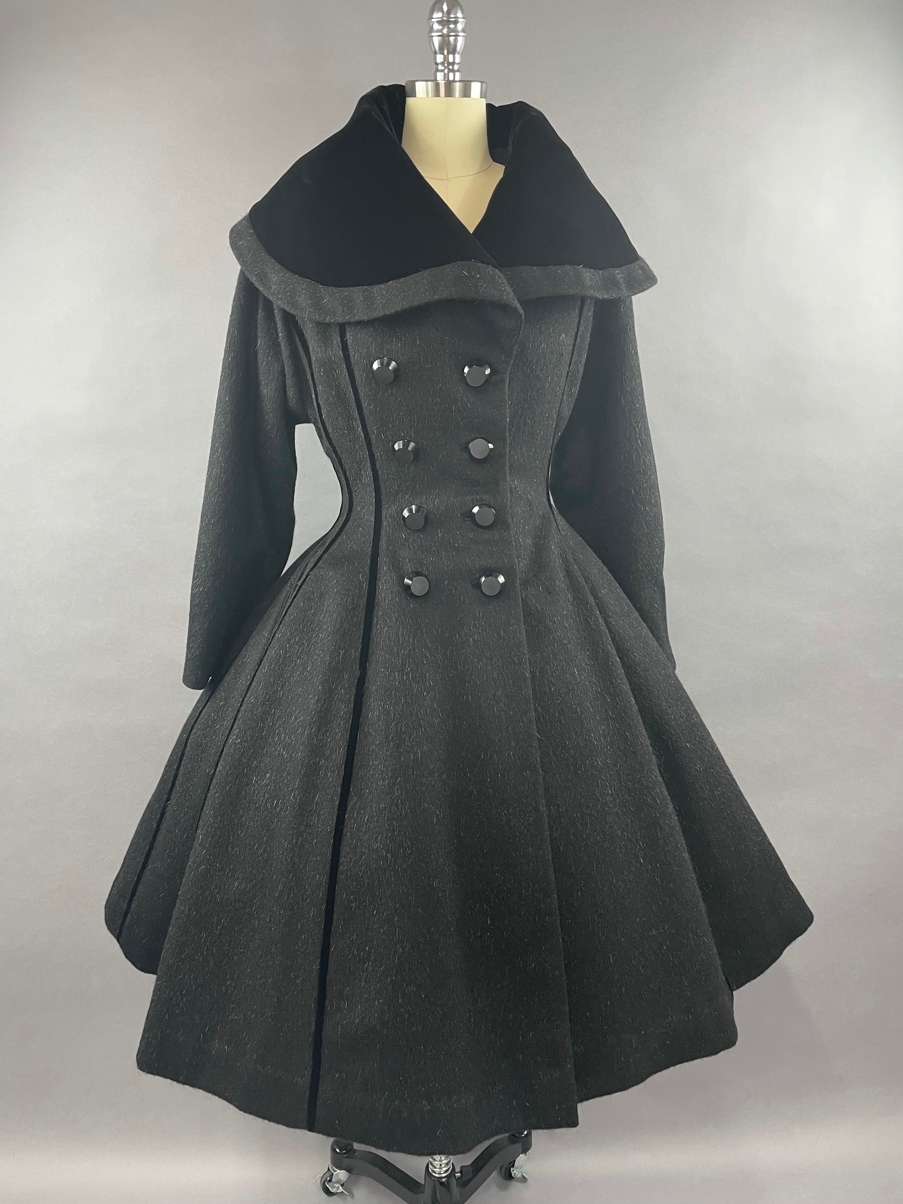 1950s Dark Grey Wool Mohair Blend & Velvet Lilli Ann Princess Coat Size M