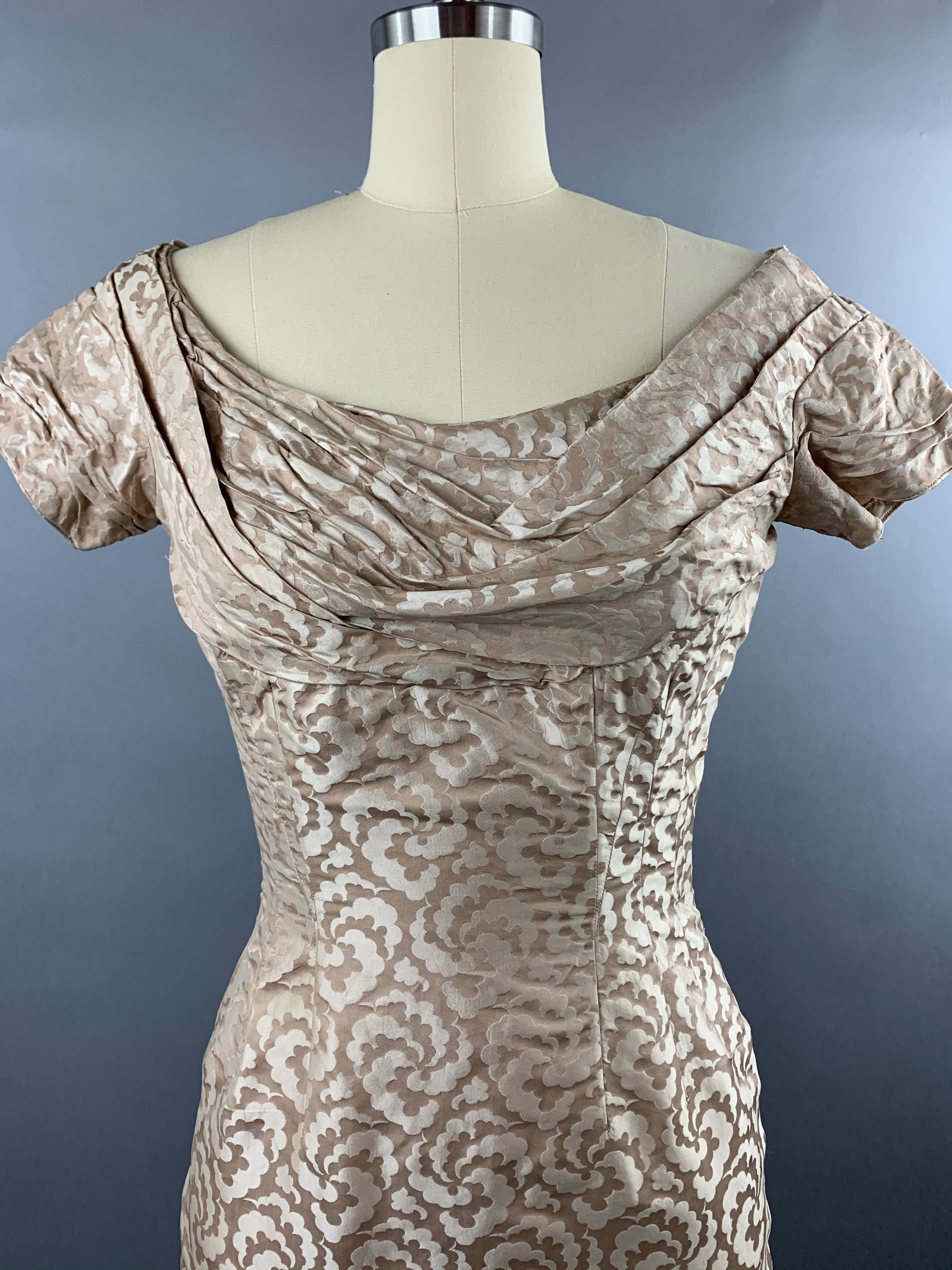 1950s Ceil Chapman beige gold silk-cotton wiggle dress Size S