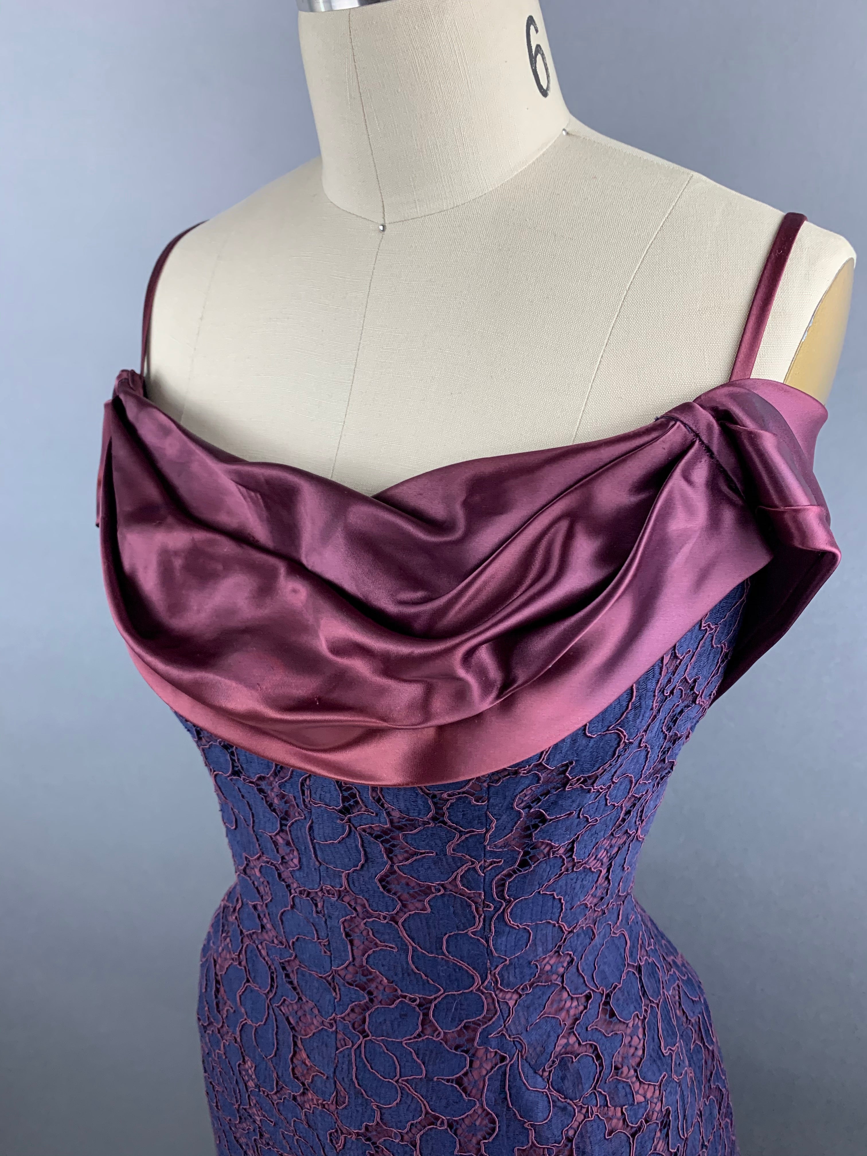 1950s Navy and Burgundy Lace and Satin Party Dress Size M