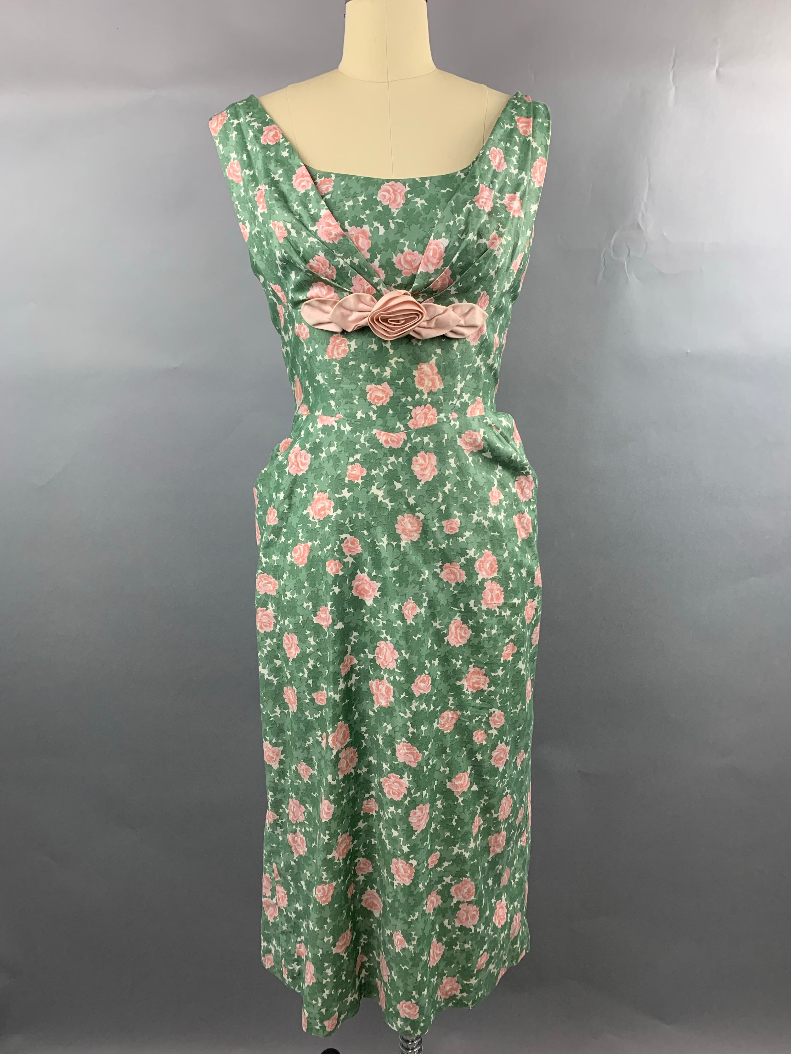 1950s Jeanette Alexander Green Cotton with Pink Roses Dress Size S