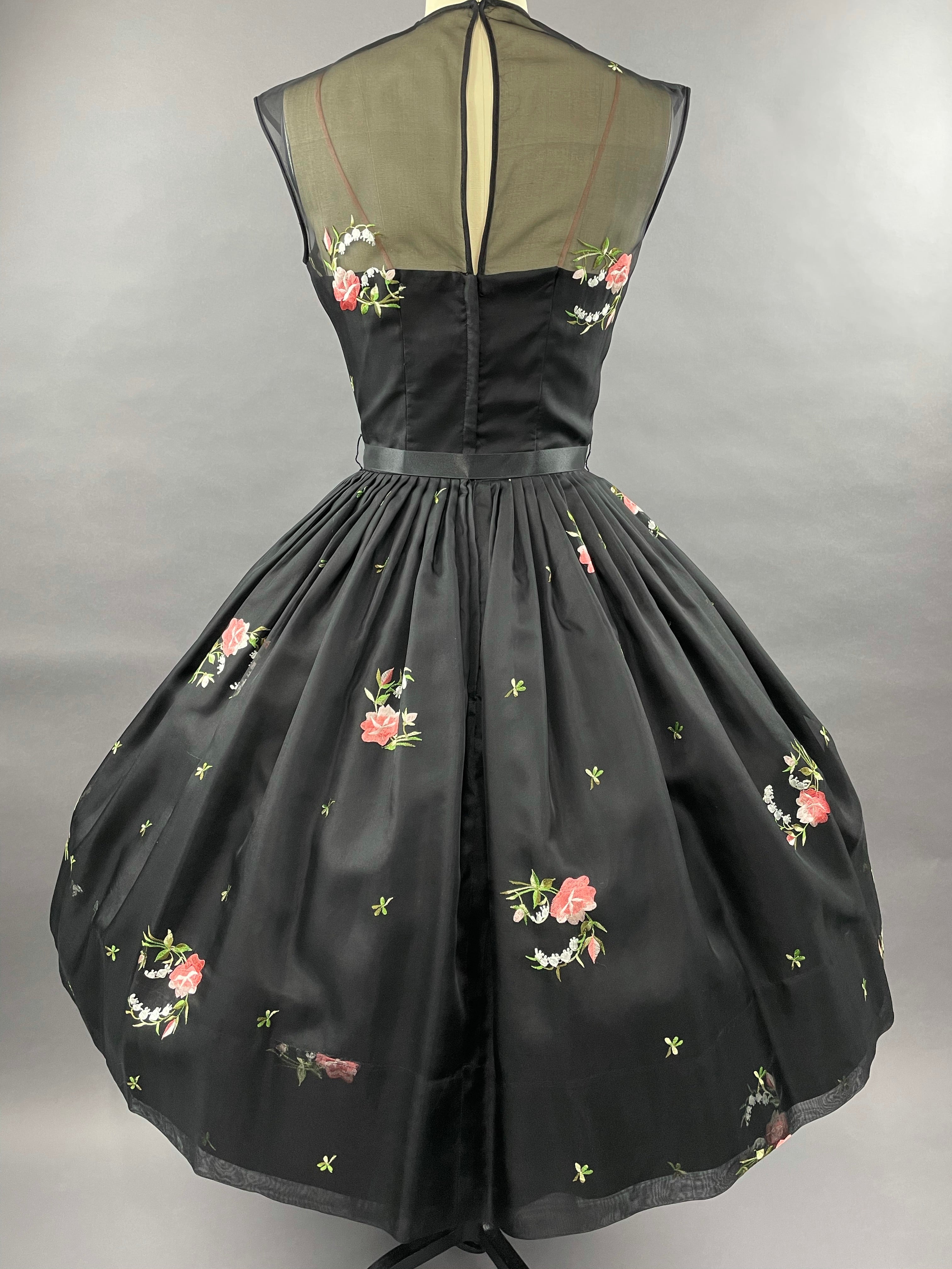 1950s Black Embroidered Suzy Perette Party Dress Size S