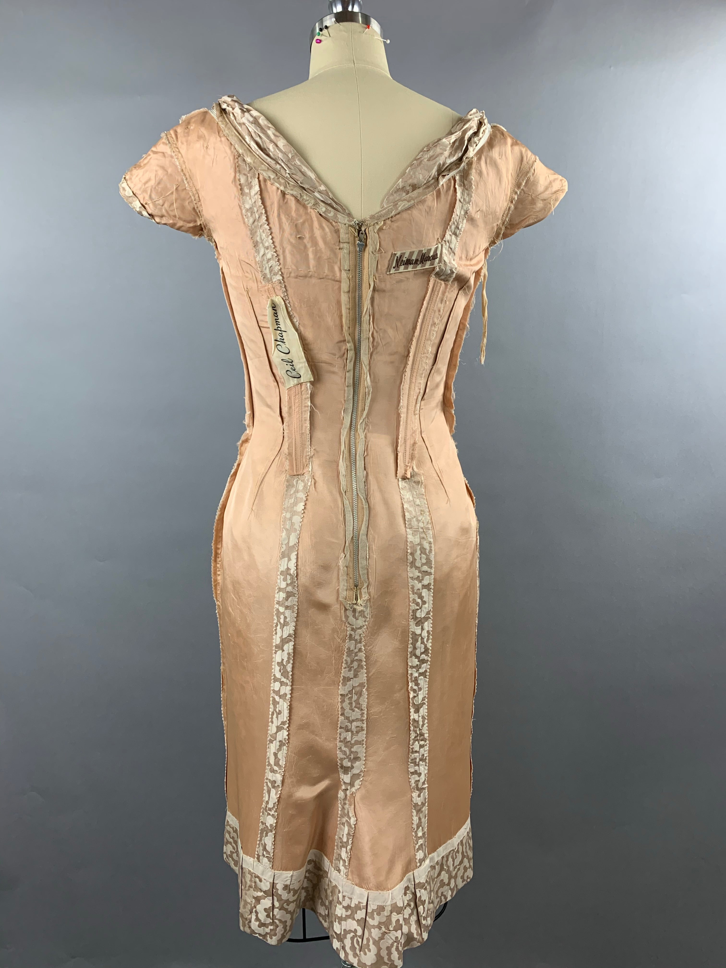 1950s Ceil Chapman beige gold silk-cotton wiggle dress Size S