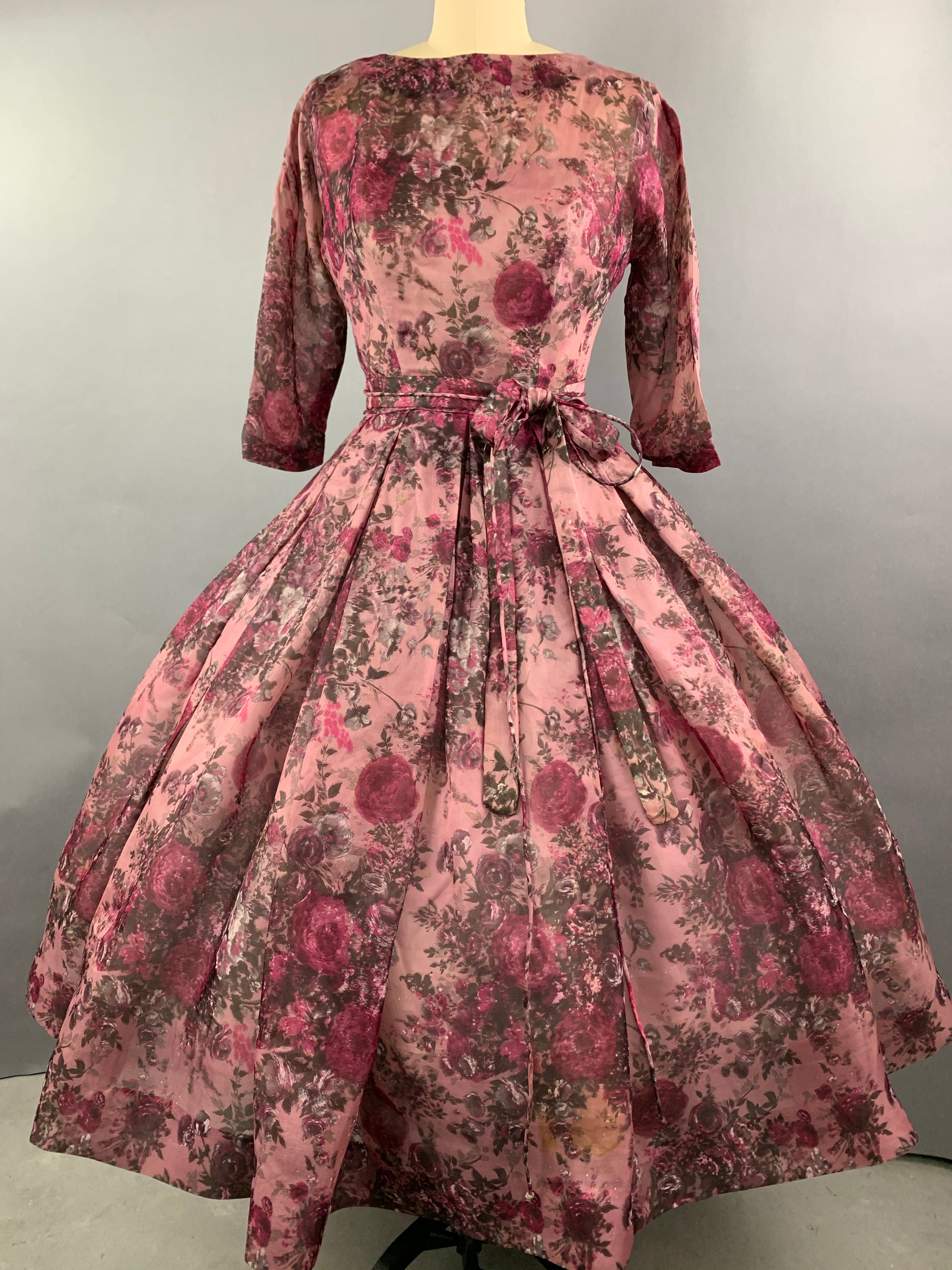 1950s Pink Roses Silk dress by Talmack John Moore New York Size M