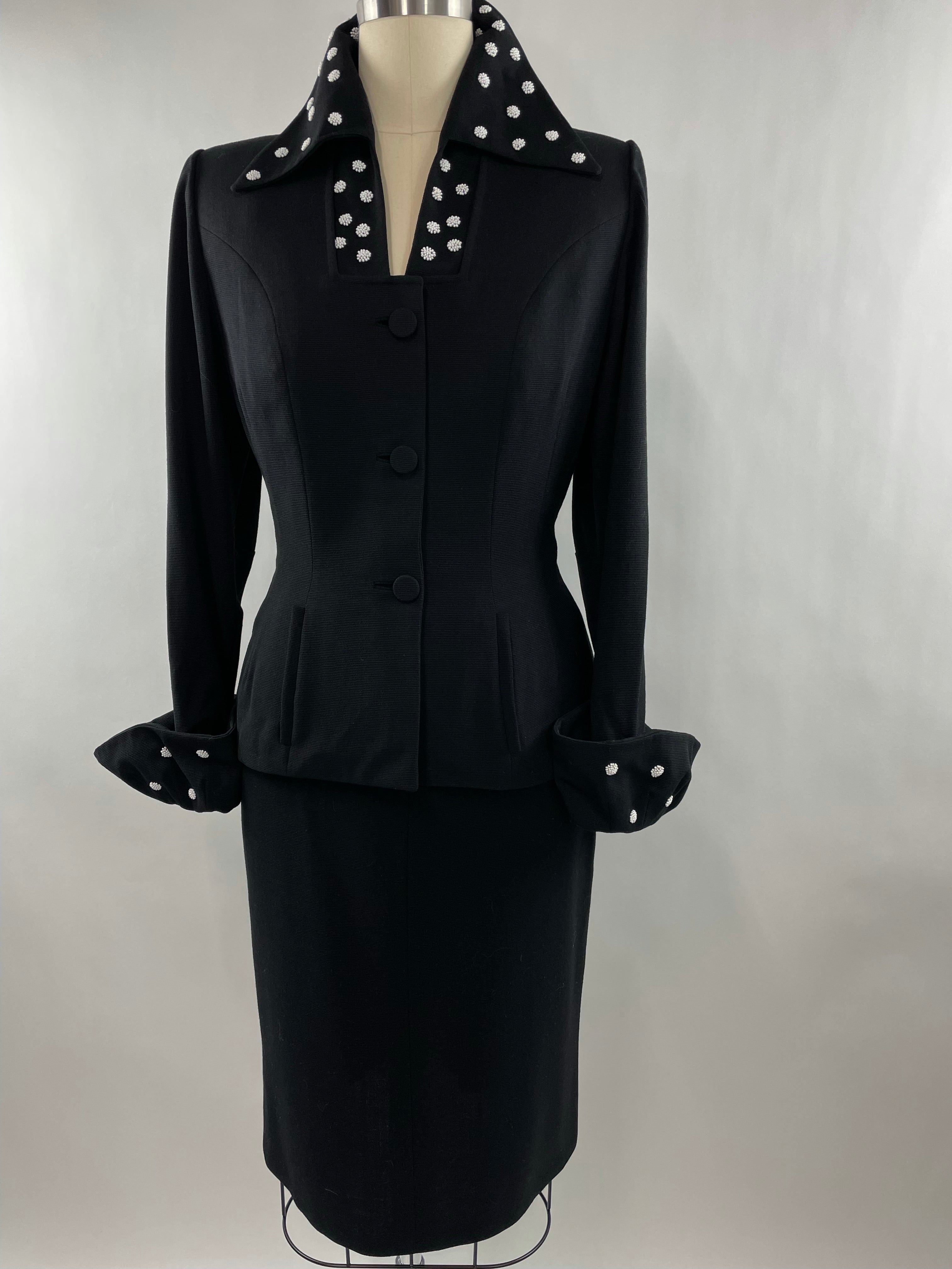 1950s Black Lilli Ann Skirt Suit with White Beading Size XL