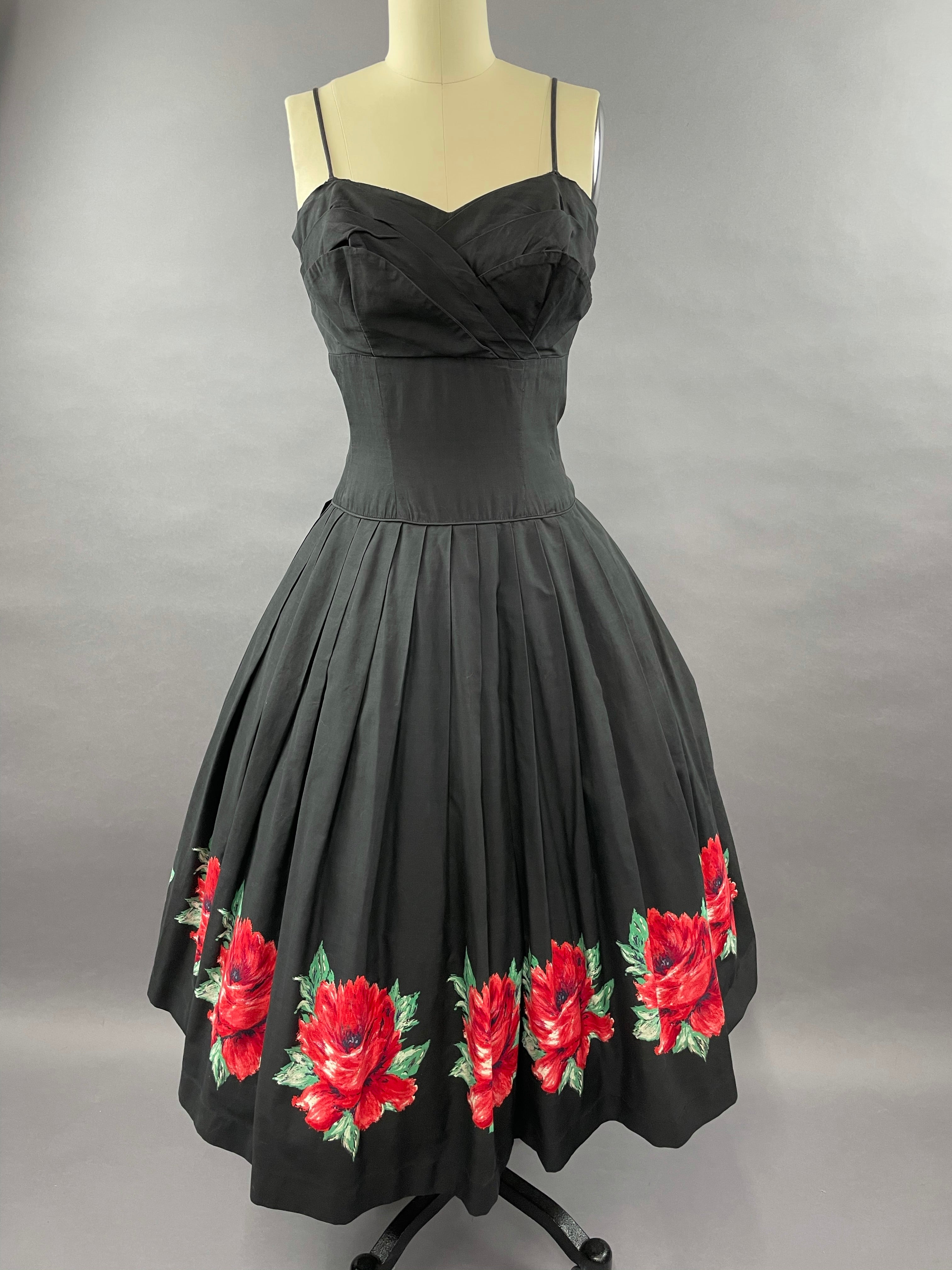 1950s Red Rose Border Print Dress Size S