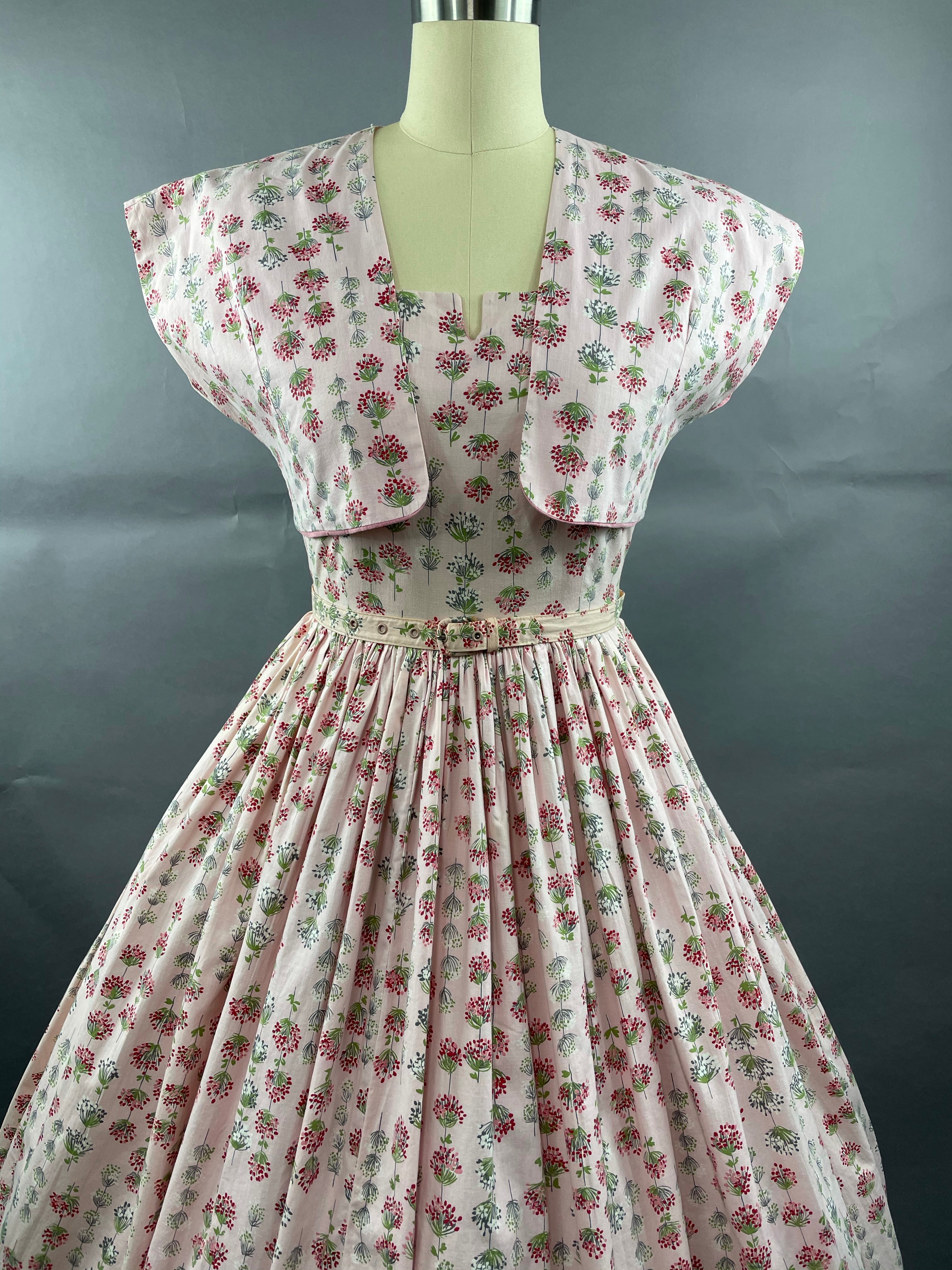 1950s Junior Vogues 3 piece Cotton Dress , Belt and Bolero Size M