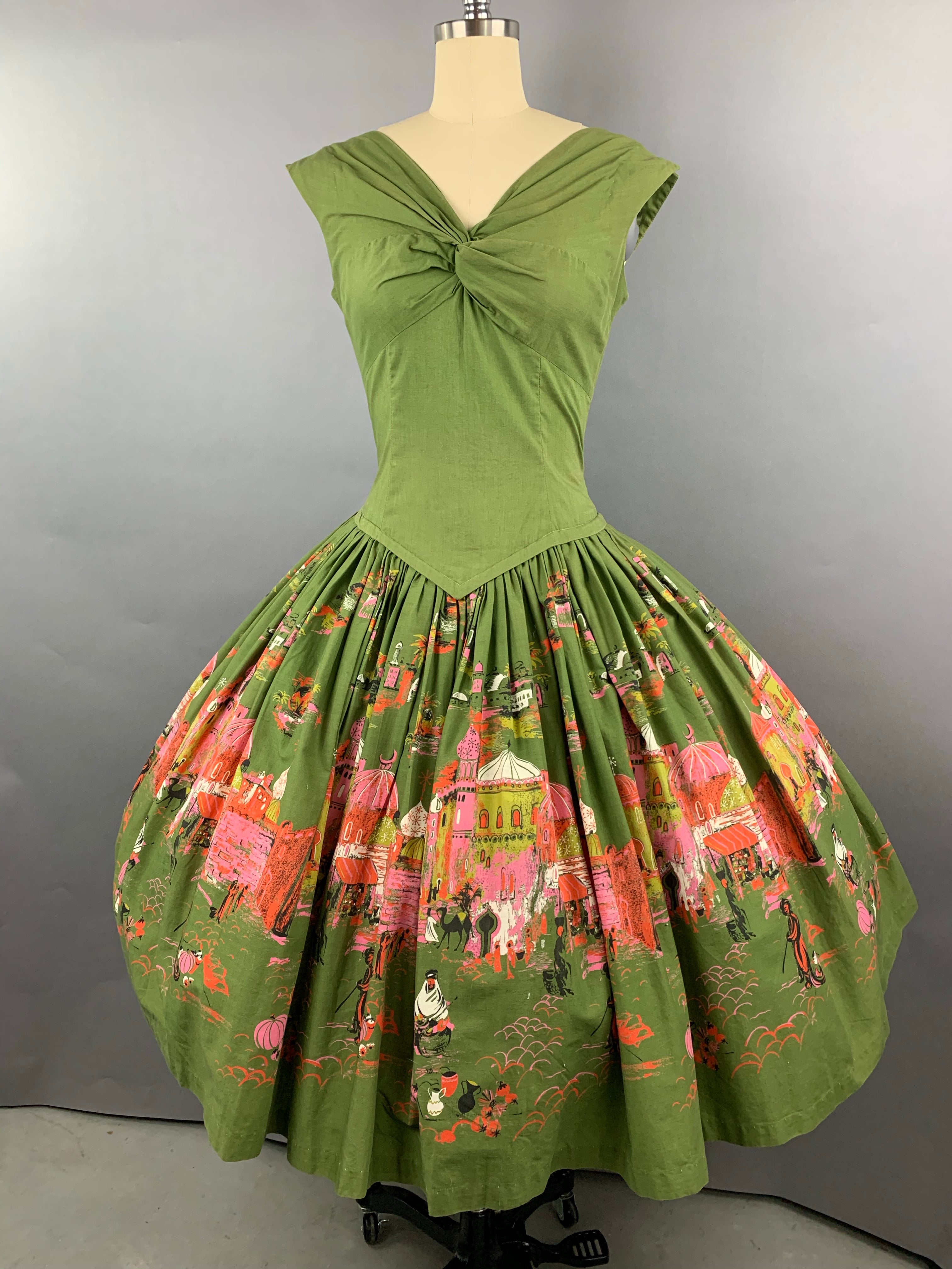 1950s Green Casbah Cotton Dress Size M