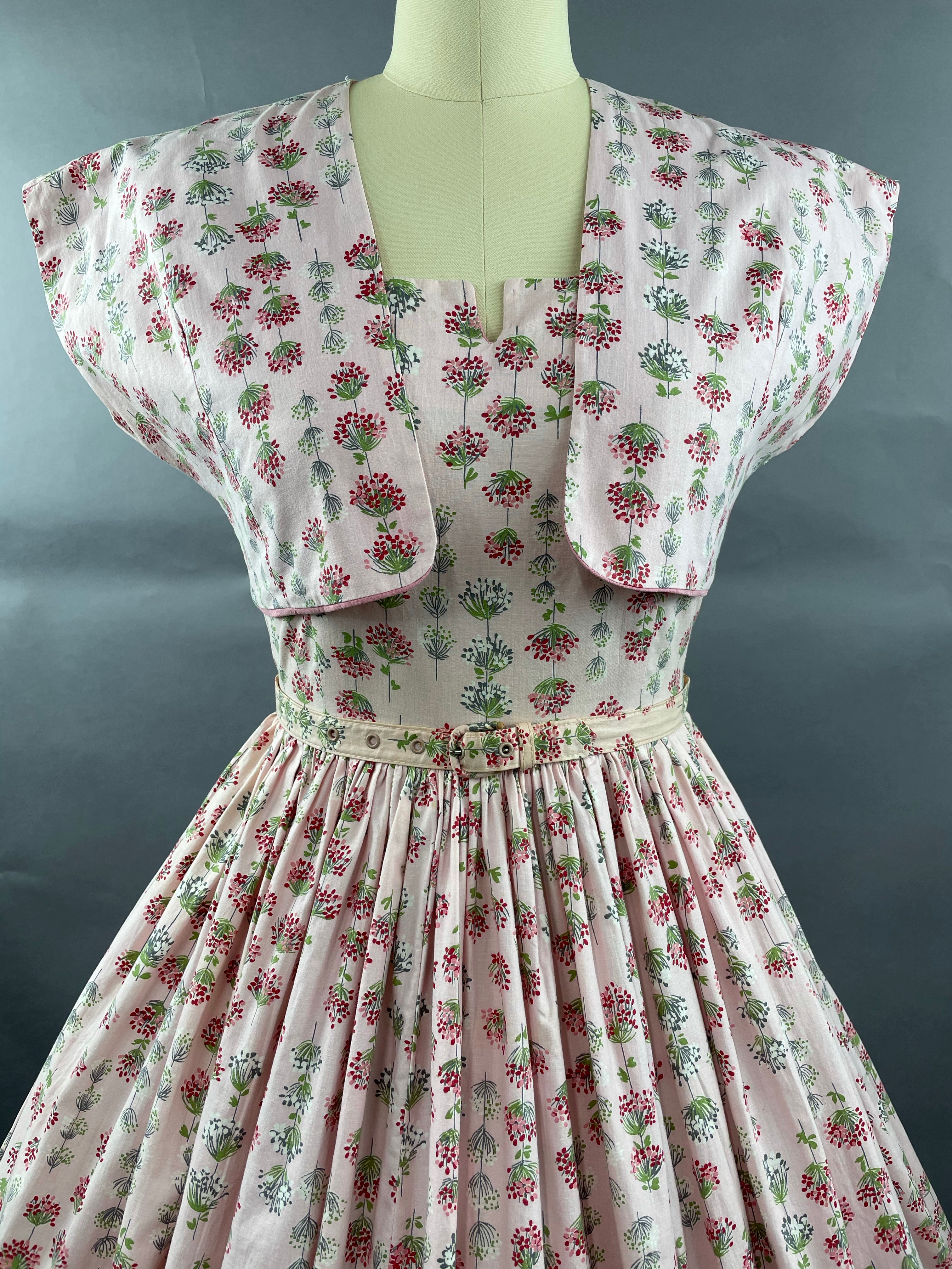 1950s Junior Vogues 3 piece Cotton Dress , Belt and Bolero Size M