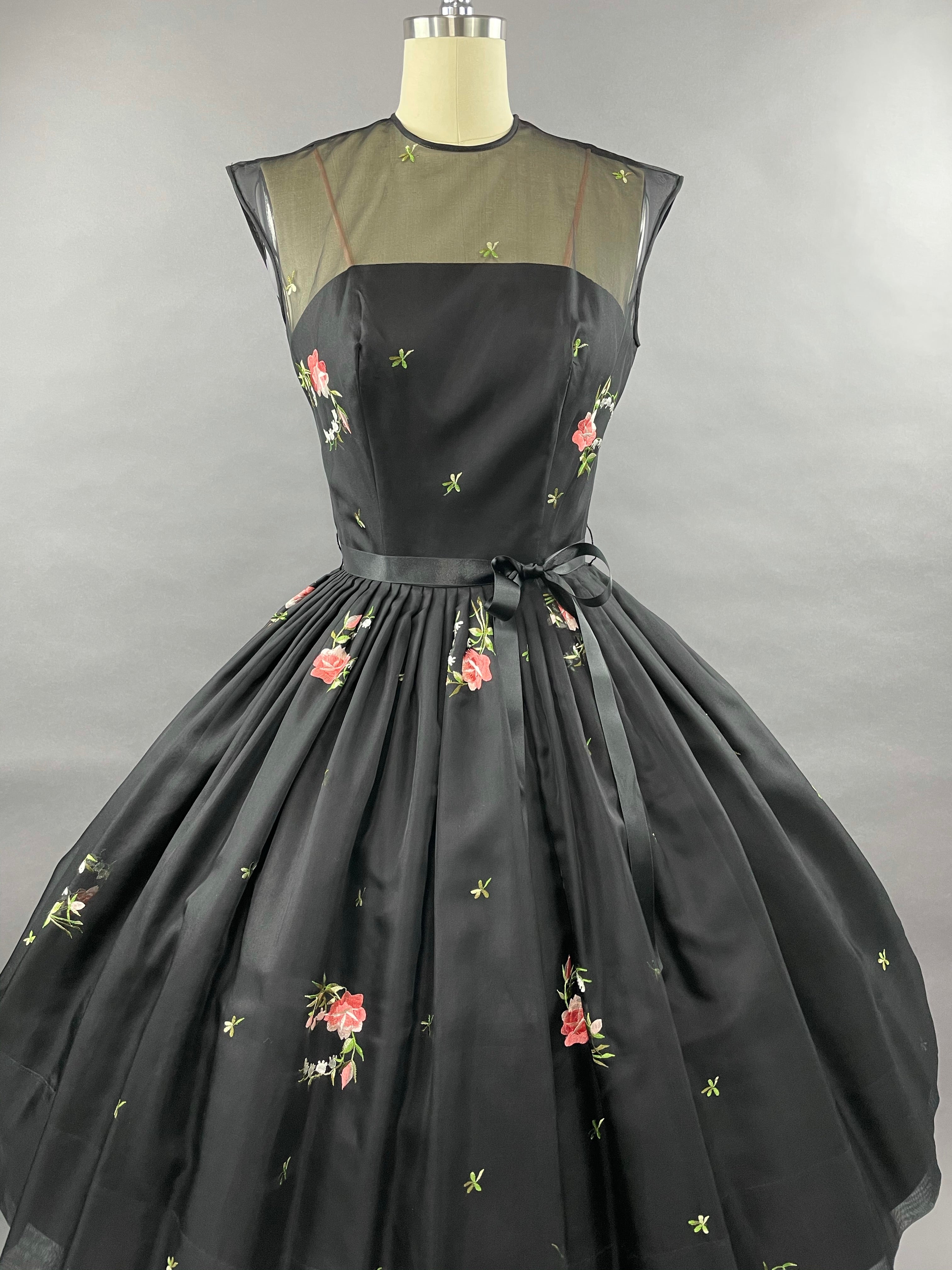 1950s Black Embroidered Suzy Perette Party Dress Size S