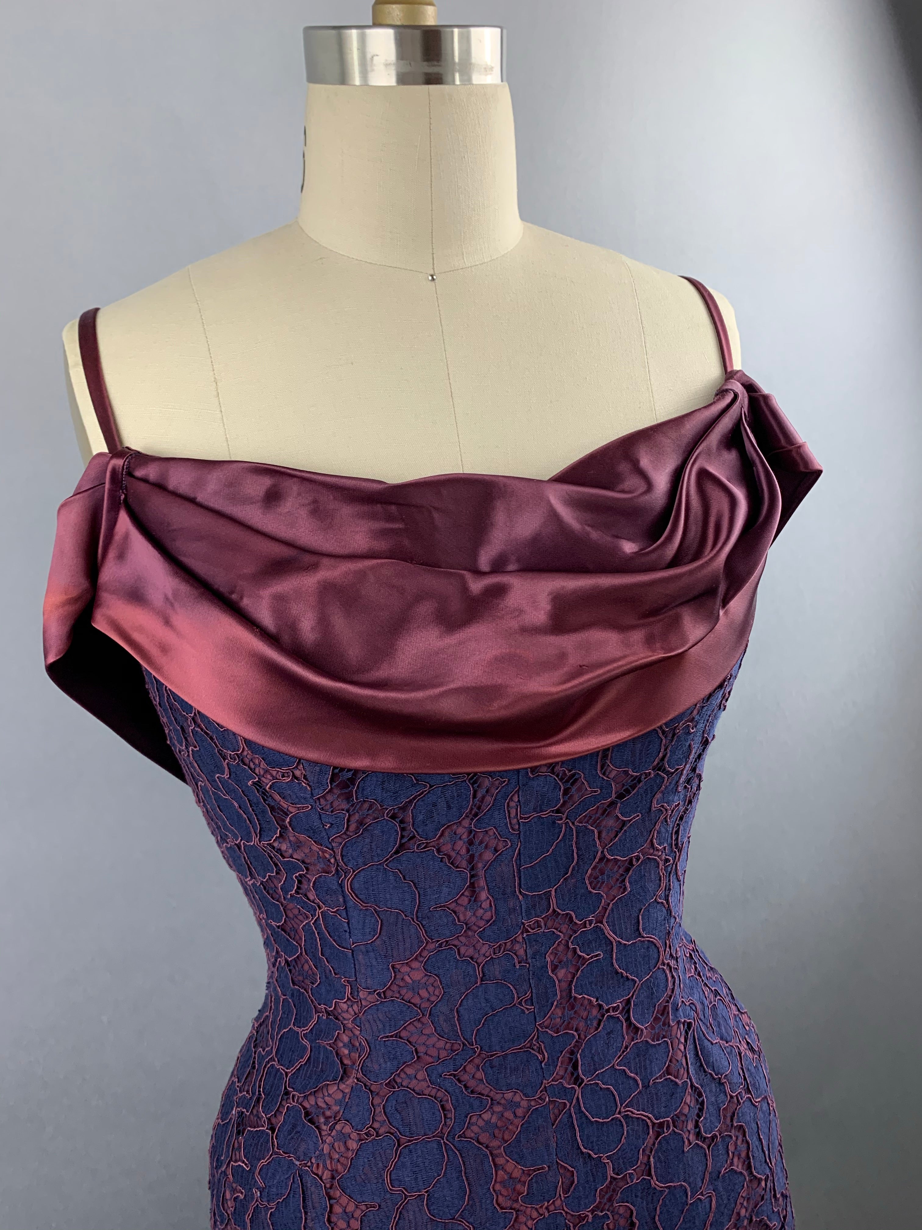 1950s Navy and Burgundy Lace and Satin Party Dress Size M