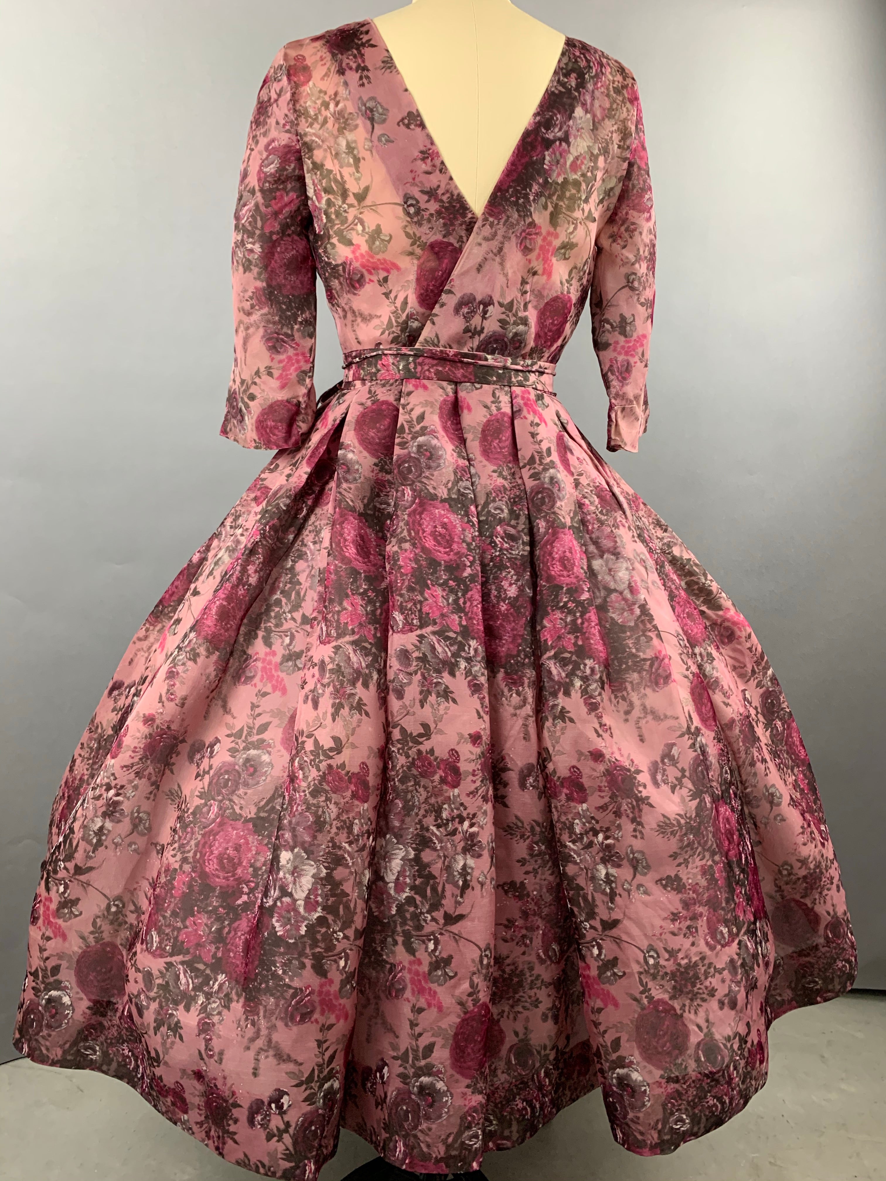 1950s Pink Roses Silk dress by Talmack John Moore New York Size M