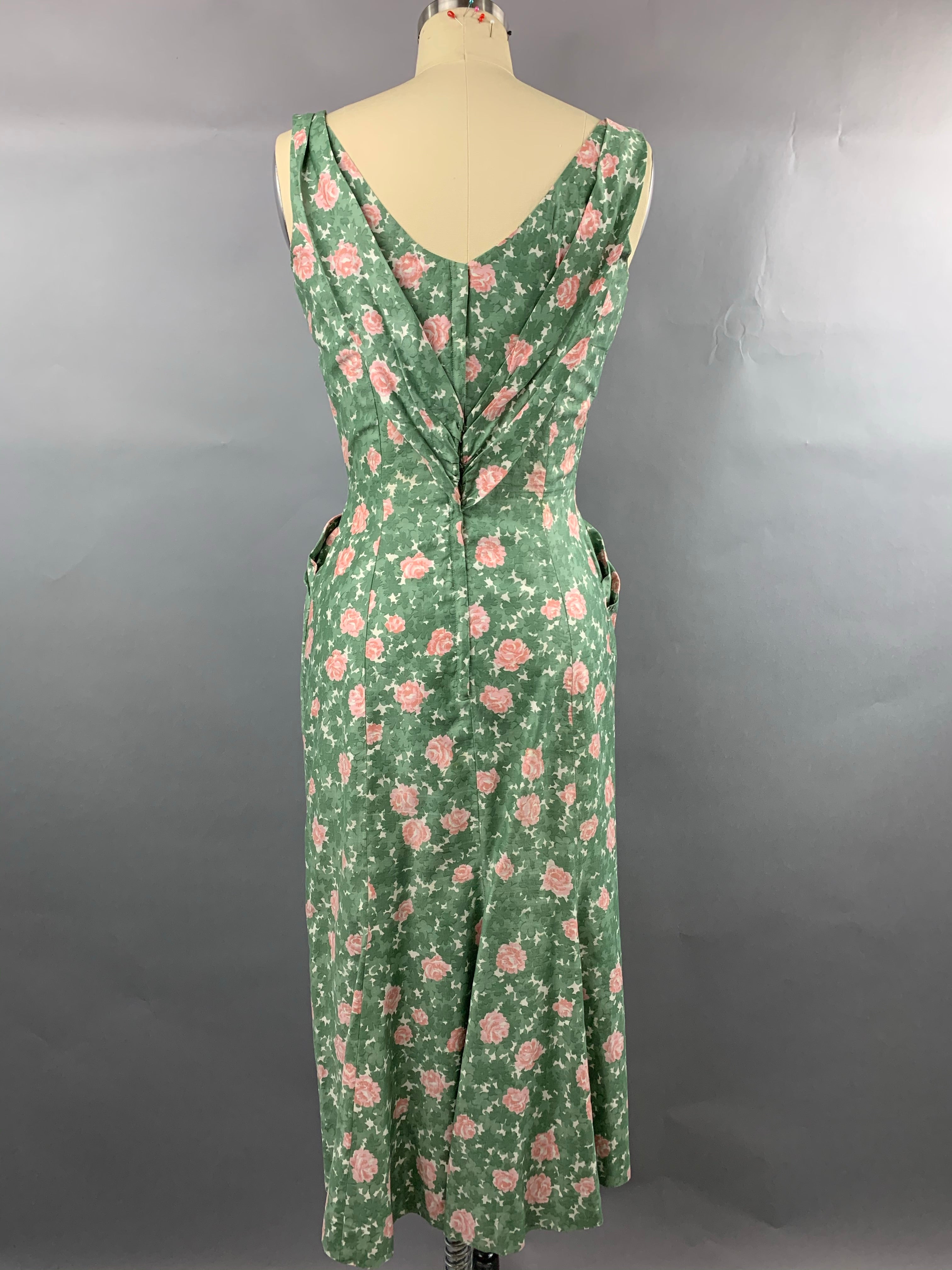 1950s Jeanette Alexander Green Cotton with Pink Roses Dress Size S