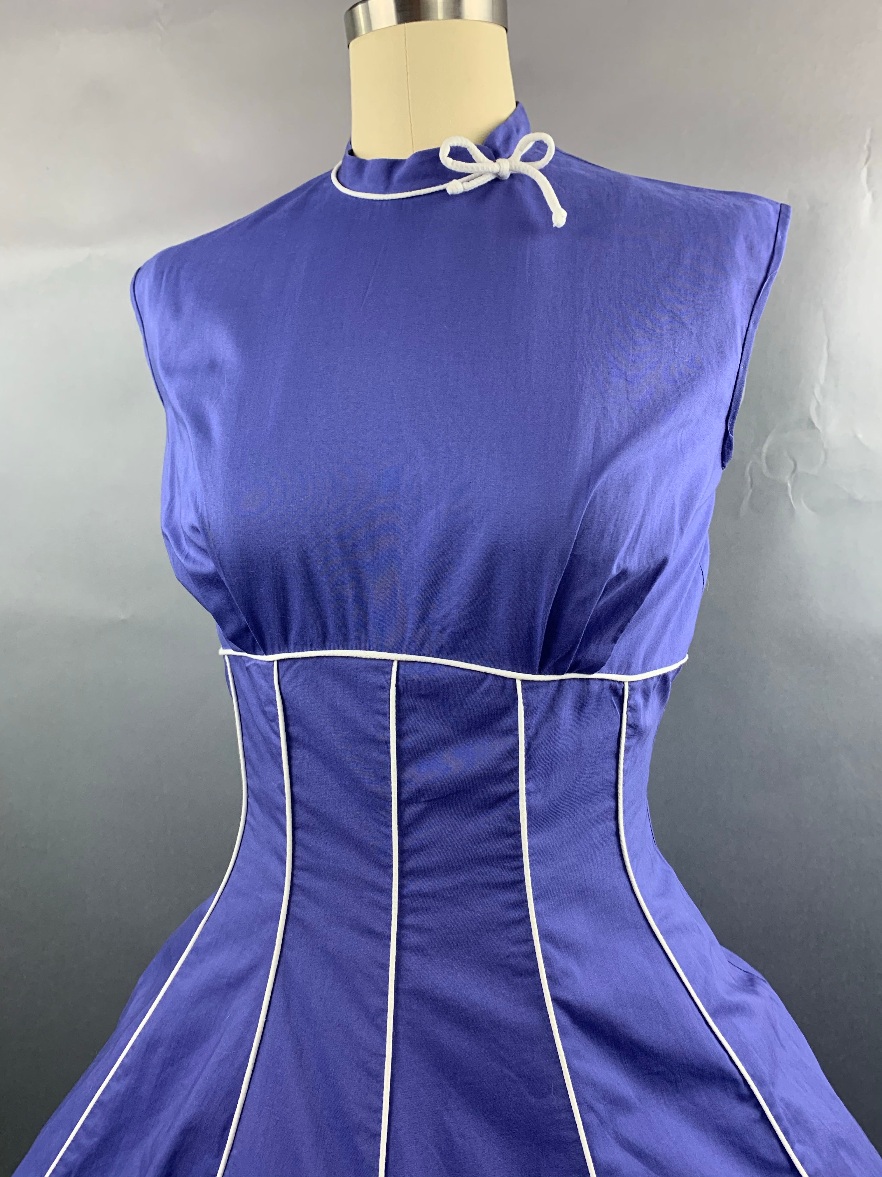 1950s Indigo Violet Blue Cotton Dress with White Piping Size S