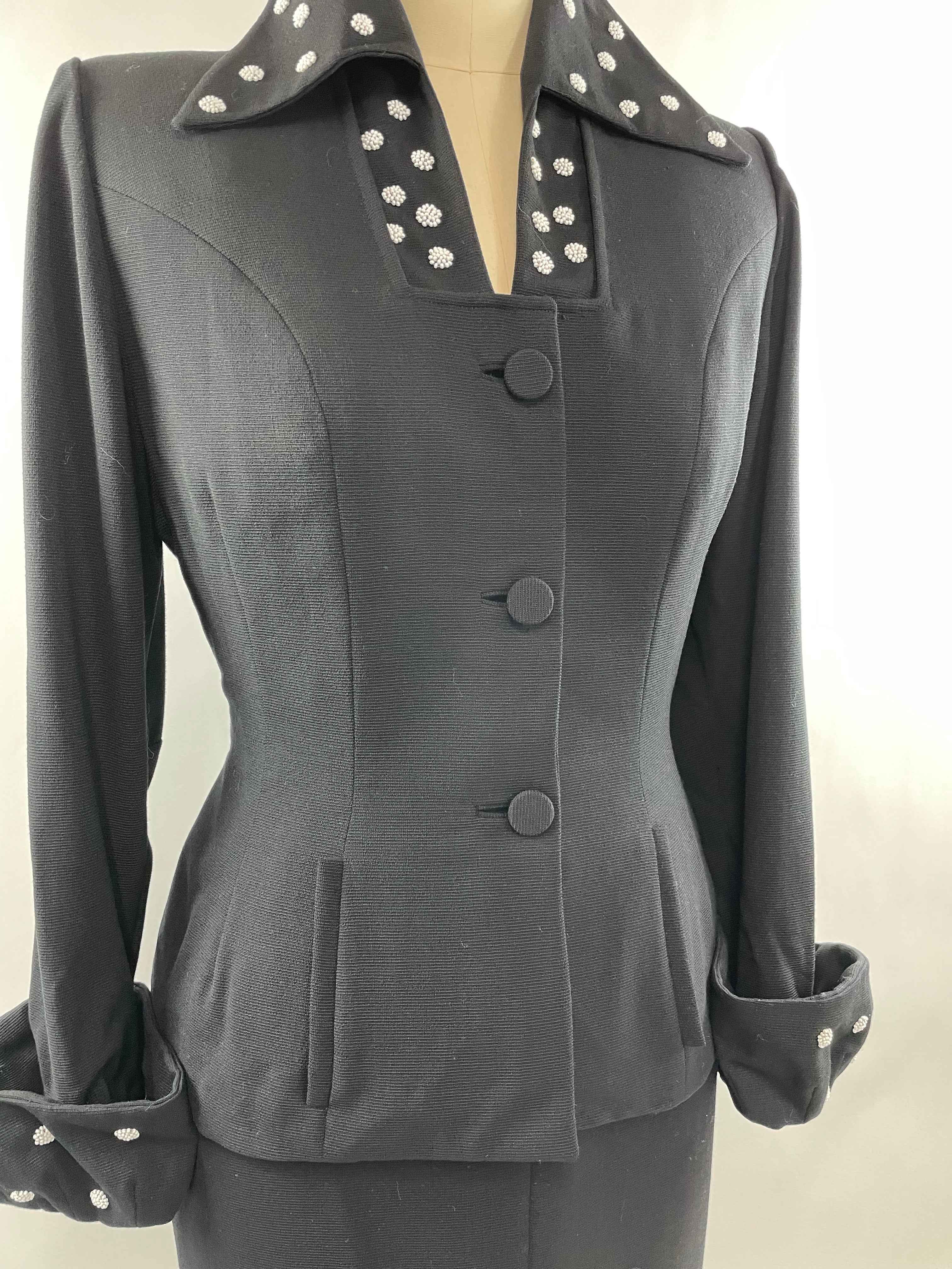1950s Black Lilli Ann Skirt Suit with White Beading Size XL