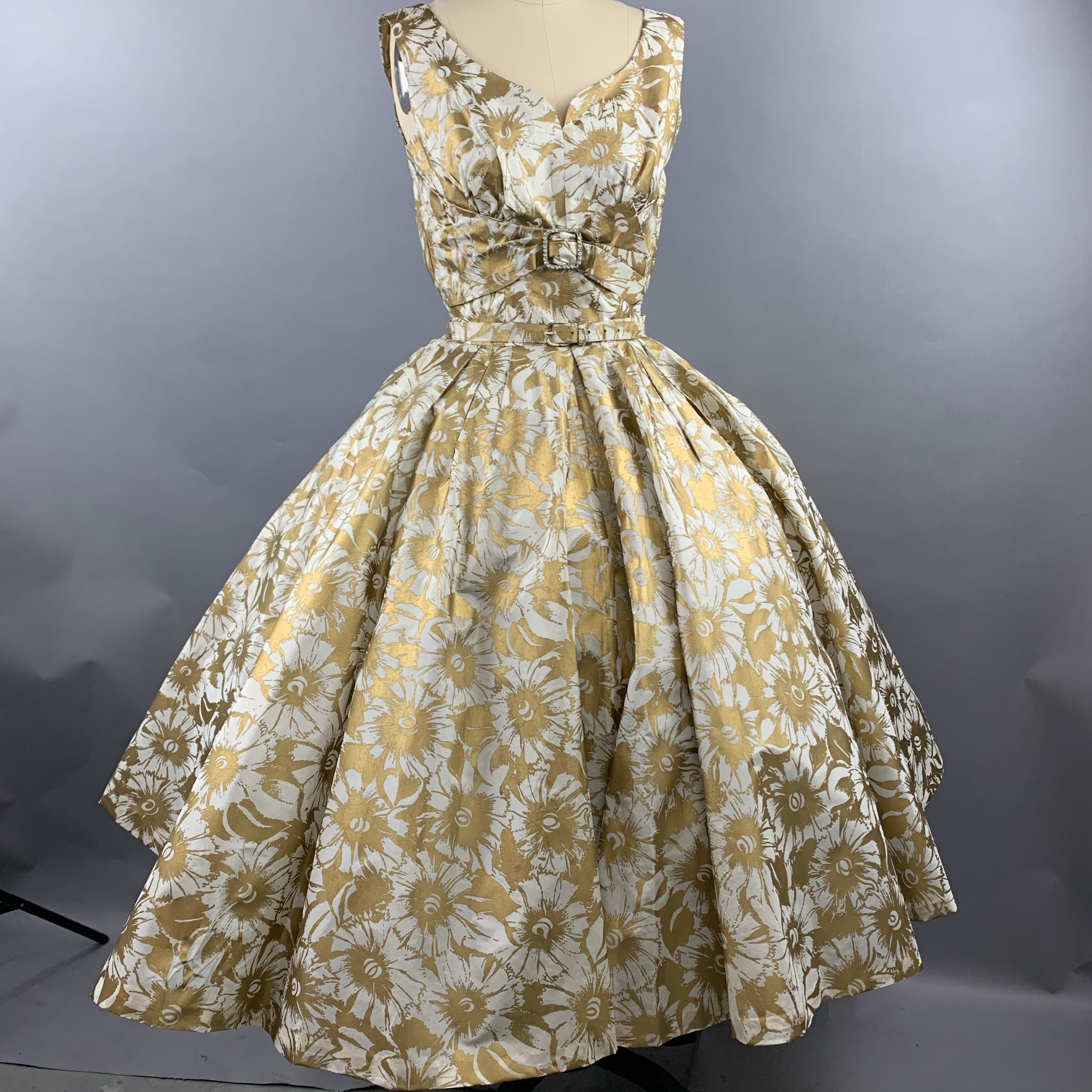 1950s Gold Floral Party Dress Size XS