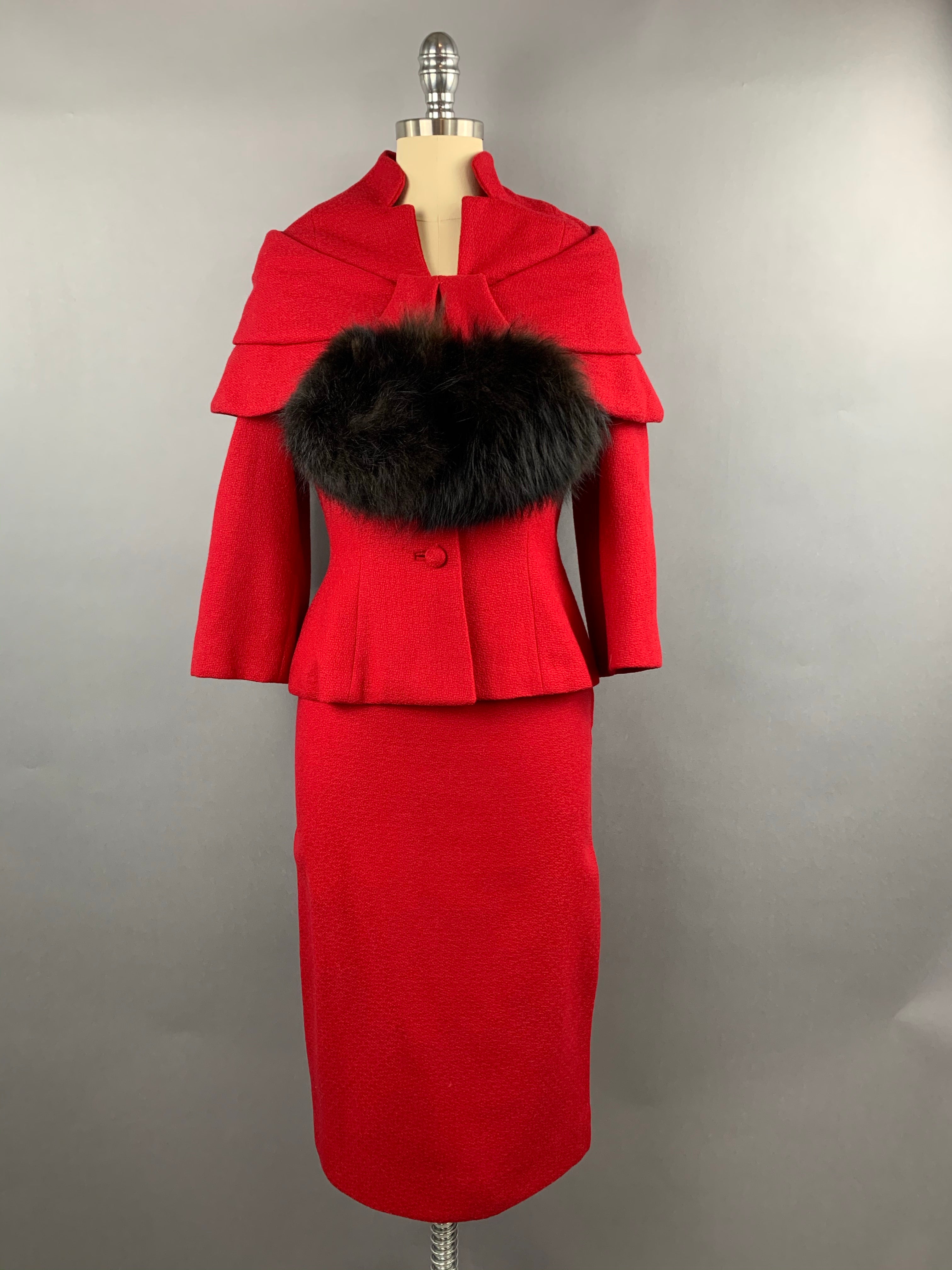 1950s Lilli Ann Red Wool Suit with Black Fox Collar Size S