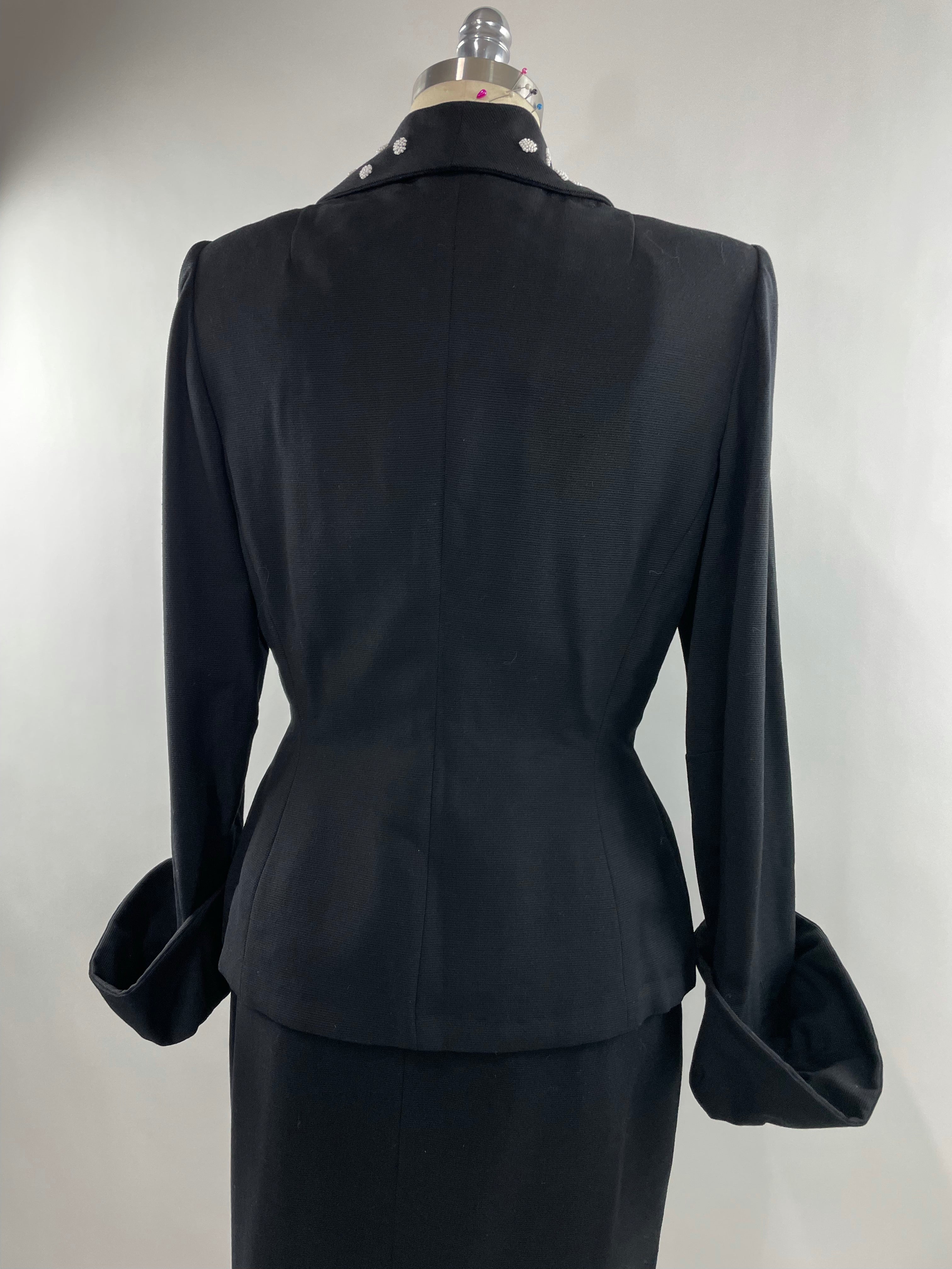 1950s Black Lilli Ann Skirt Suit with White Beading Size XL