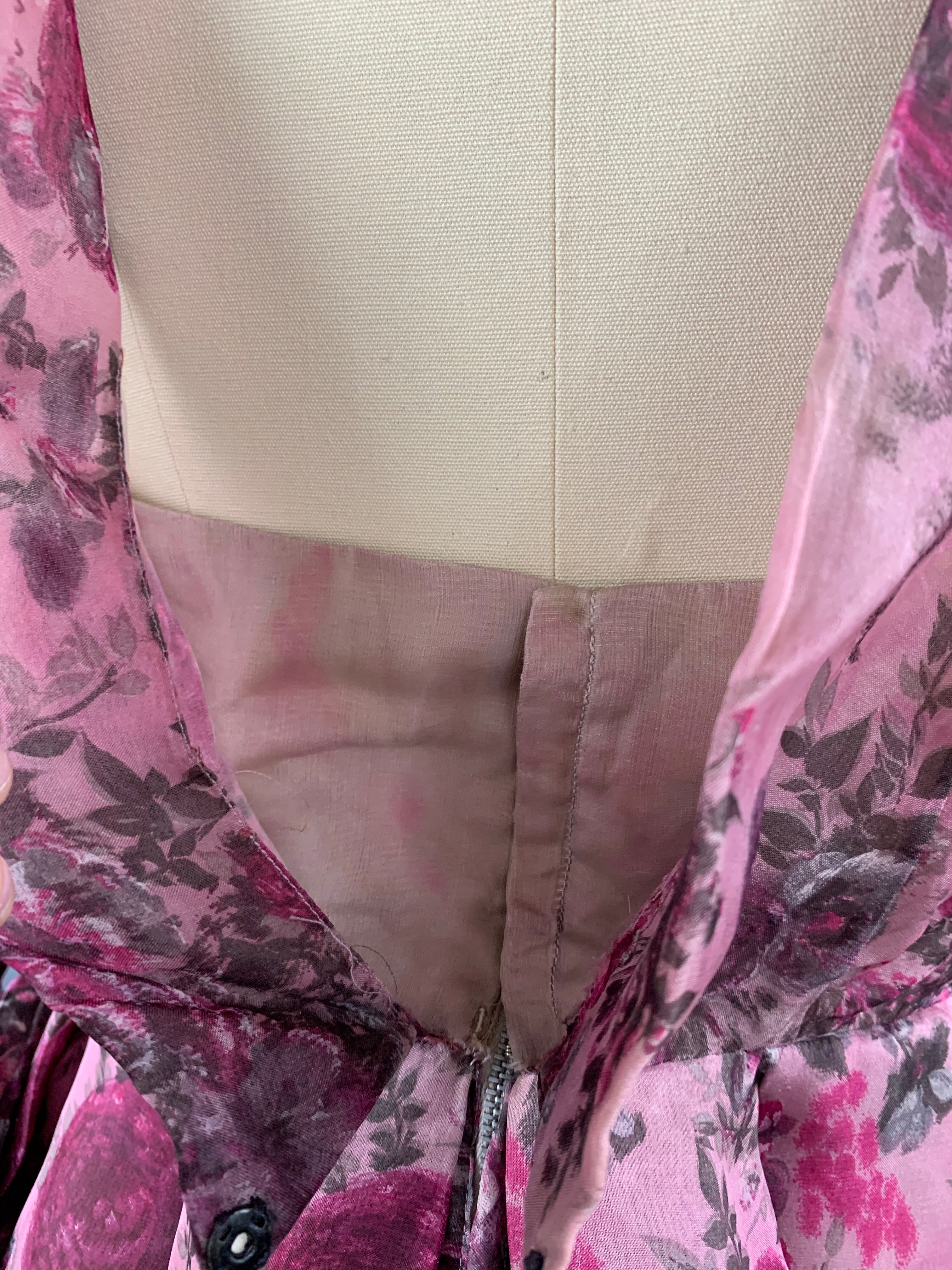 1950s Pink Roses Silk dress by Talmack John Moore New York Size M