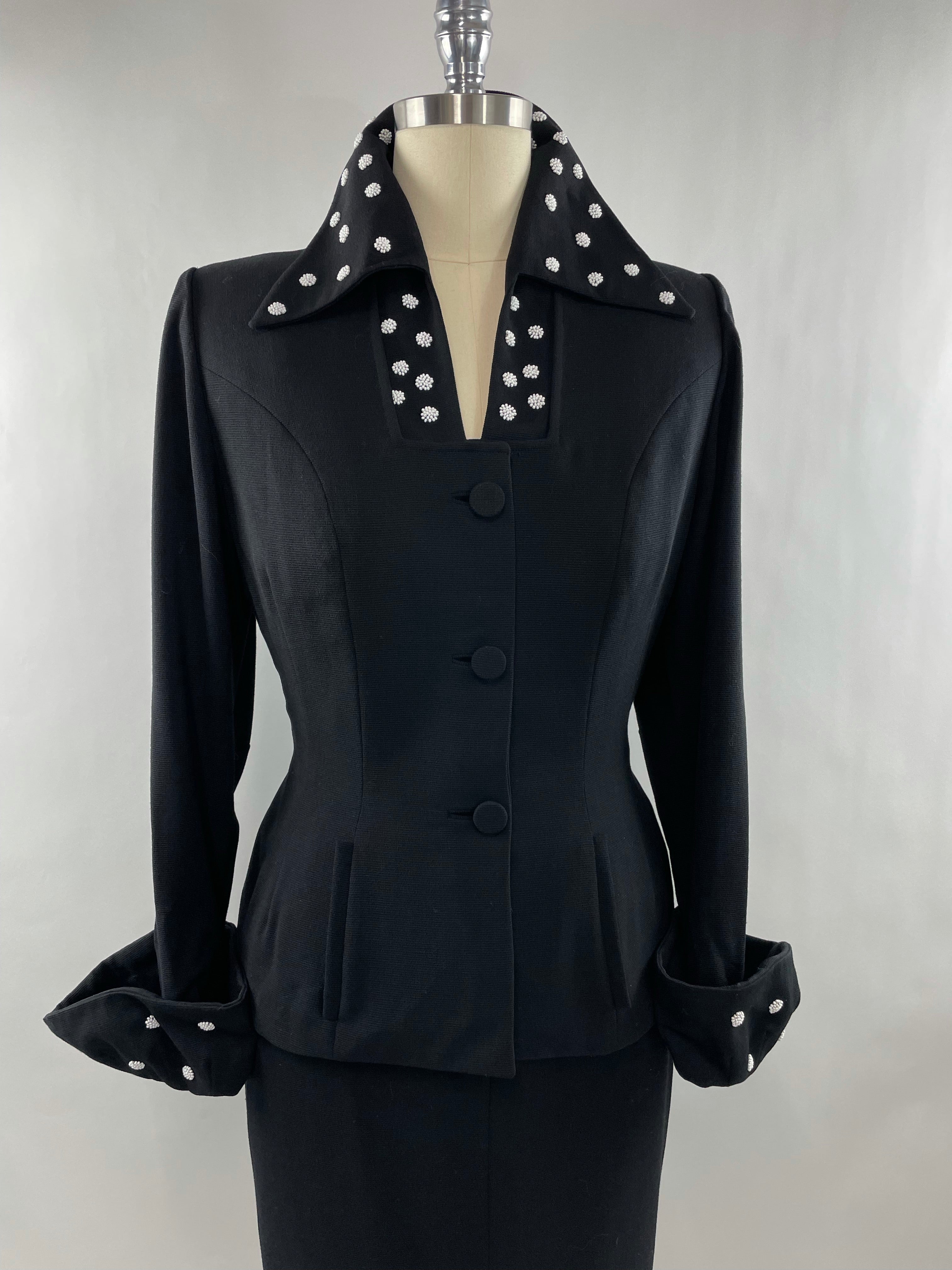 1950s Black Lilli Ann Skirt Suit with White Beading Size XL