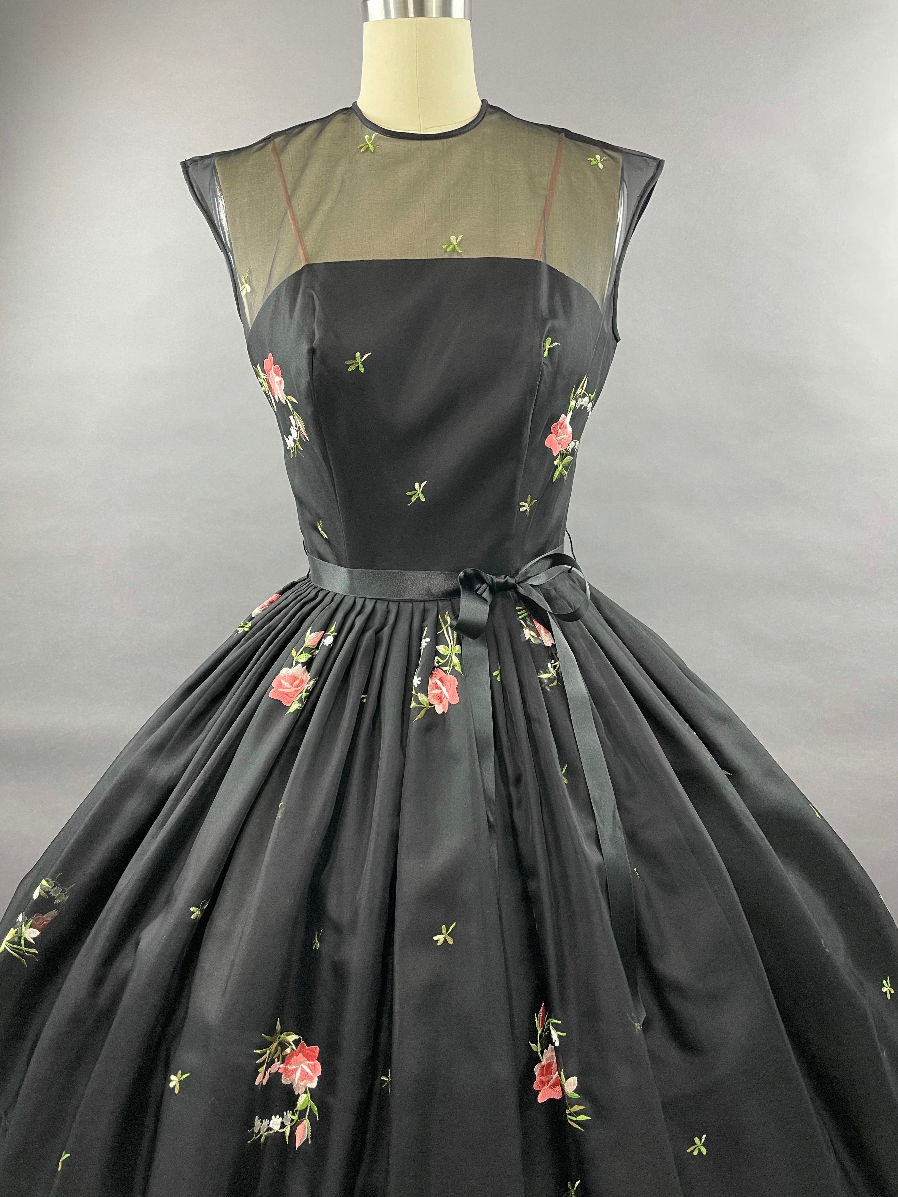 1950s Black Embroidered Suzy Perette Party Dress Size S