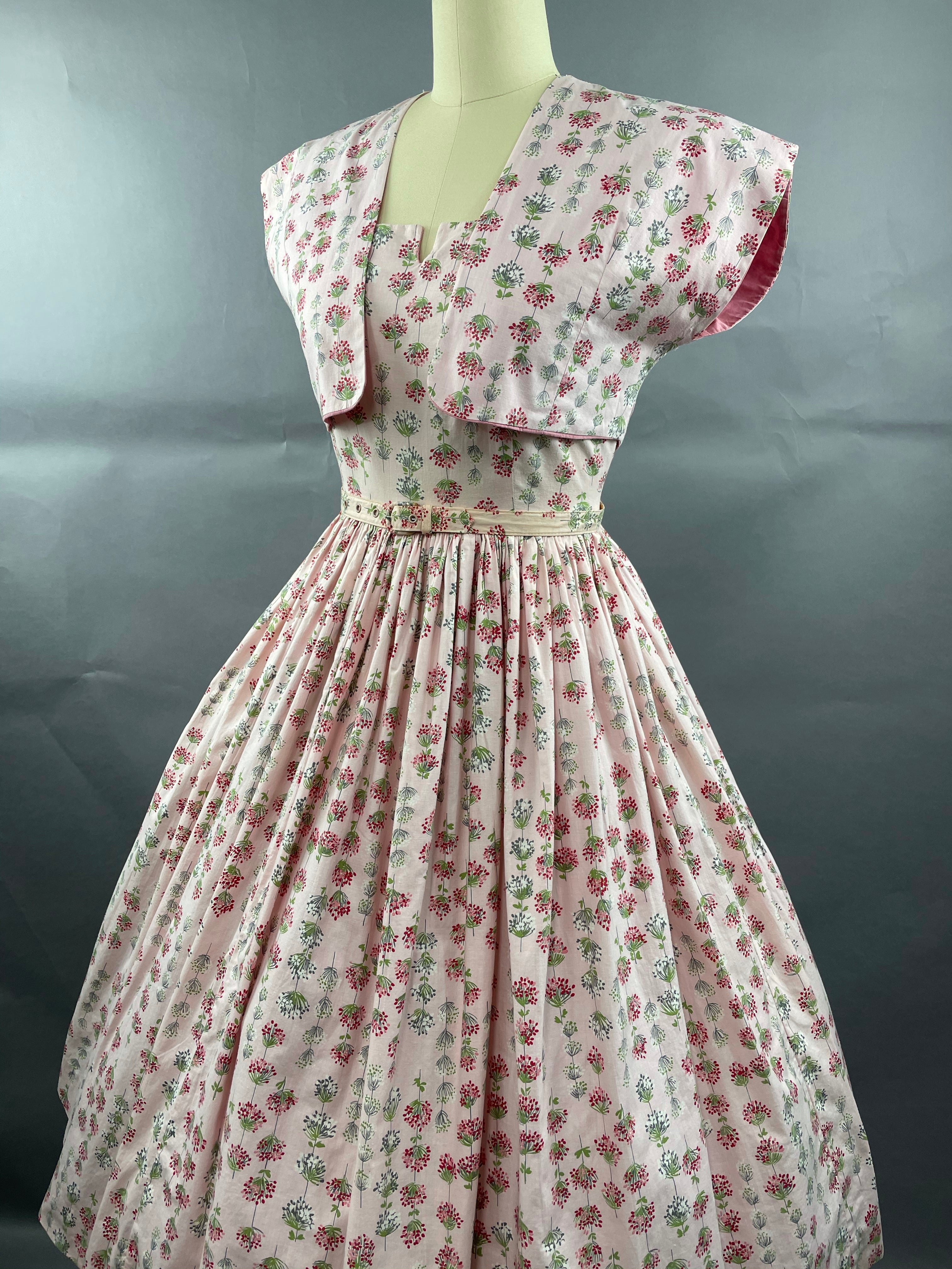 1950s Junior Vogues 3 piece Cotton Dress , Belt and Bolero Size M