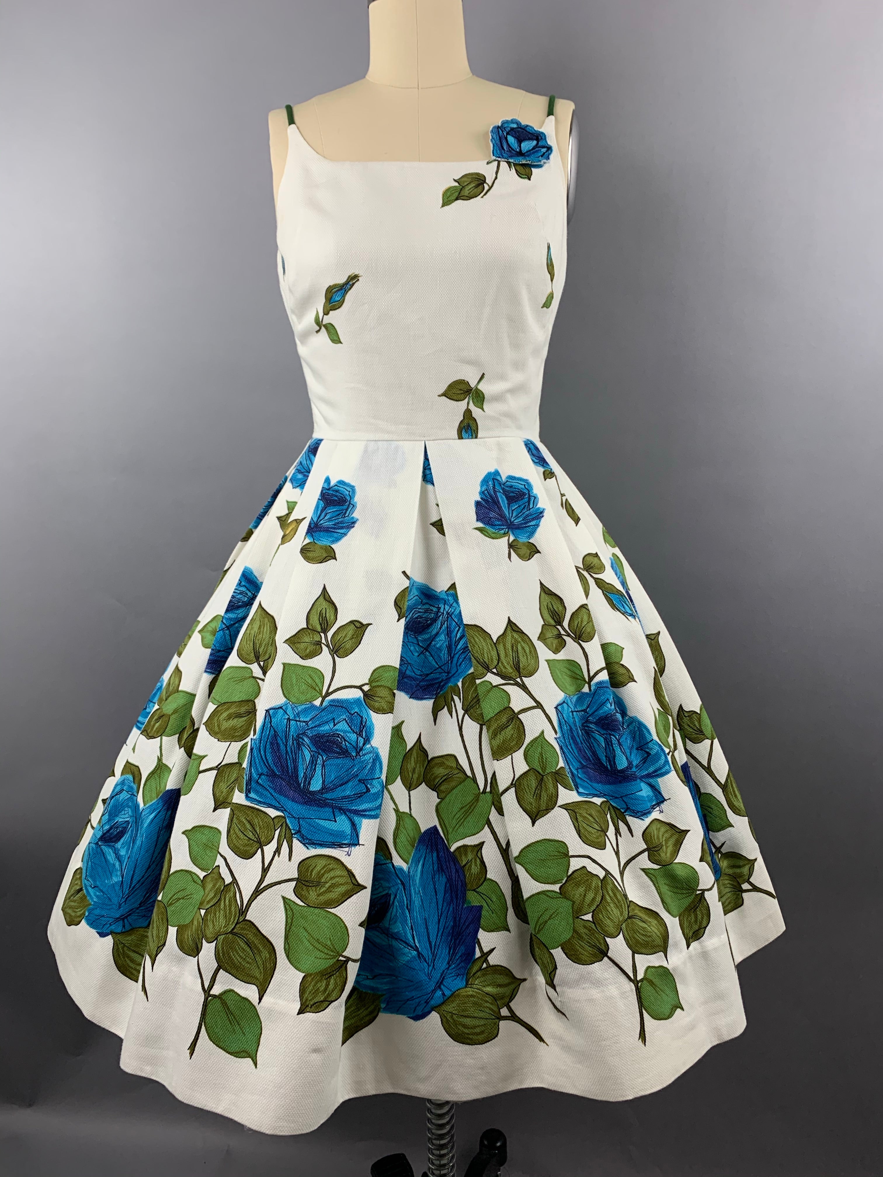 1950s “Co Jr” Blue Roses Fruit of the Loom Border Print Cotton Pique Dress Size XS