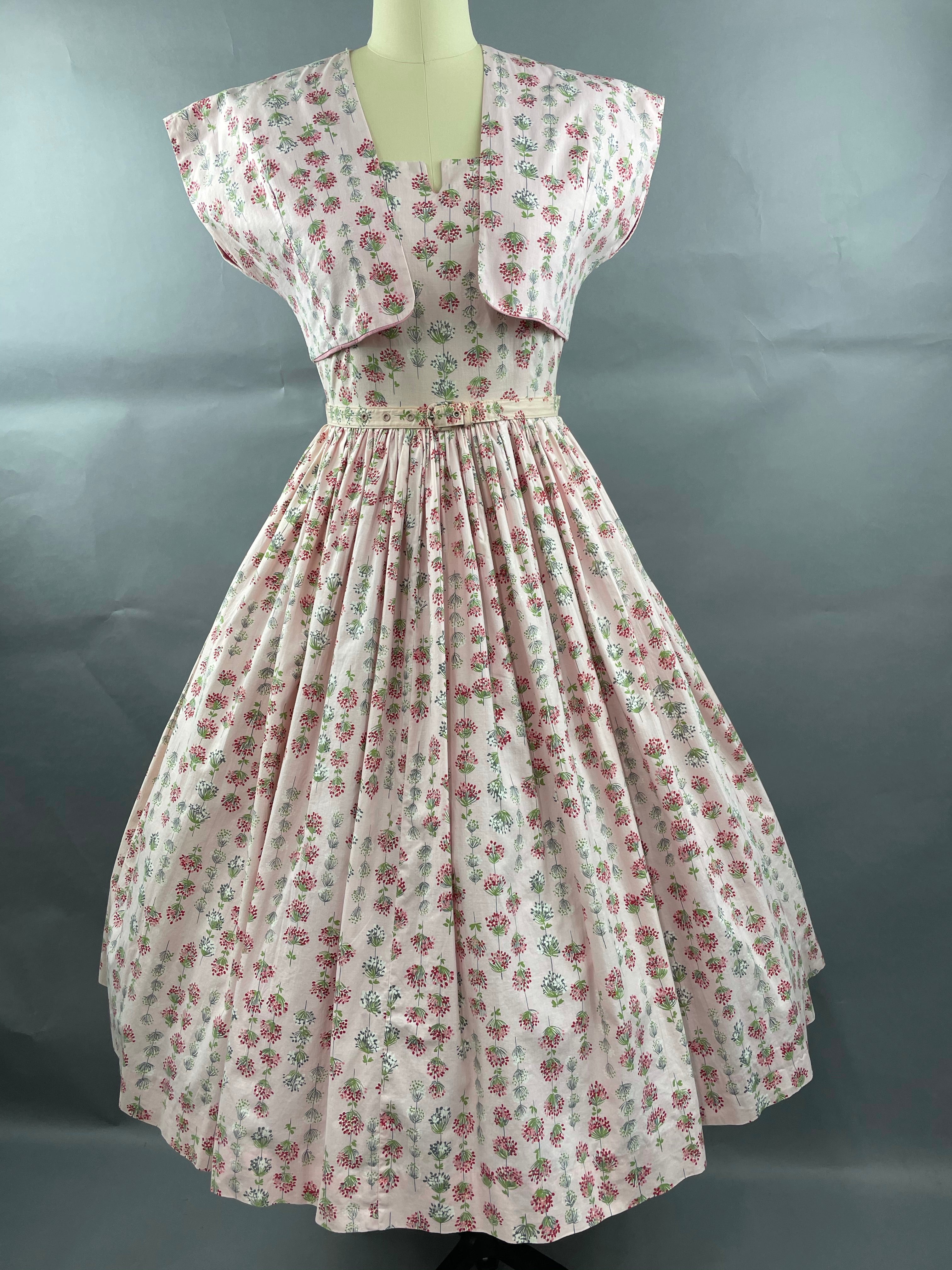 1950s Junior Vogues 3 piece Cotton Dress , Belt and Bolero Size M