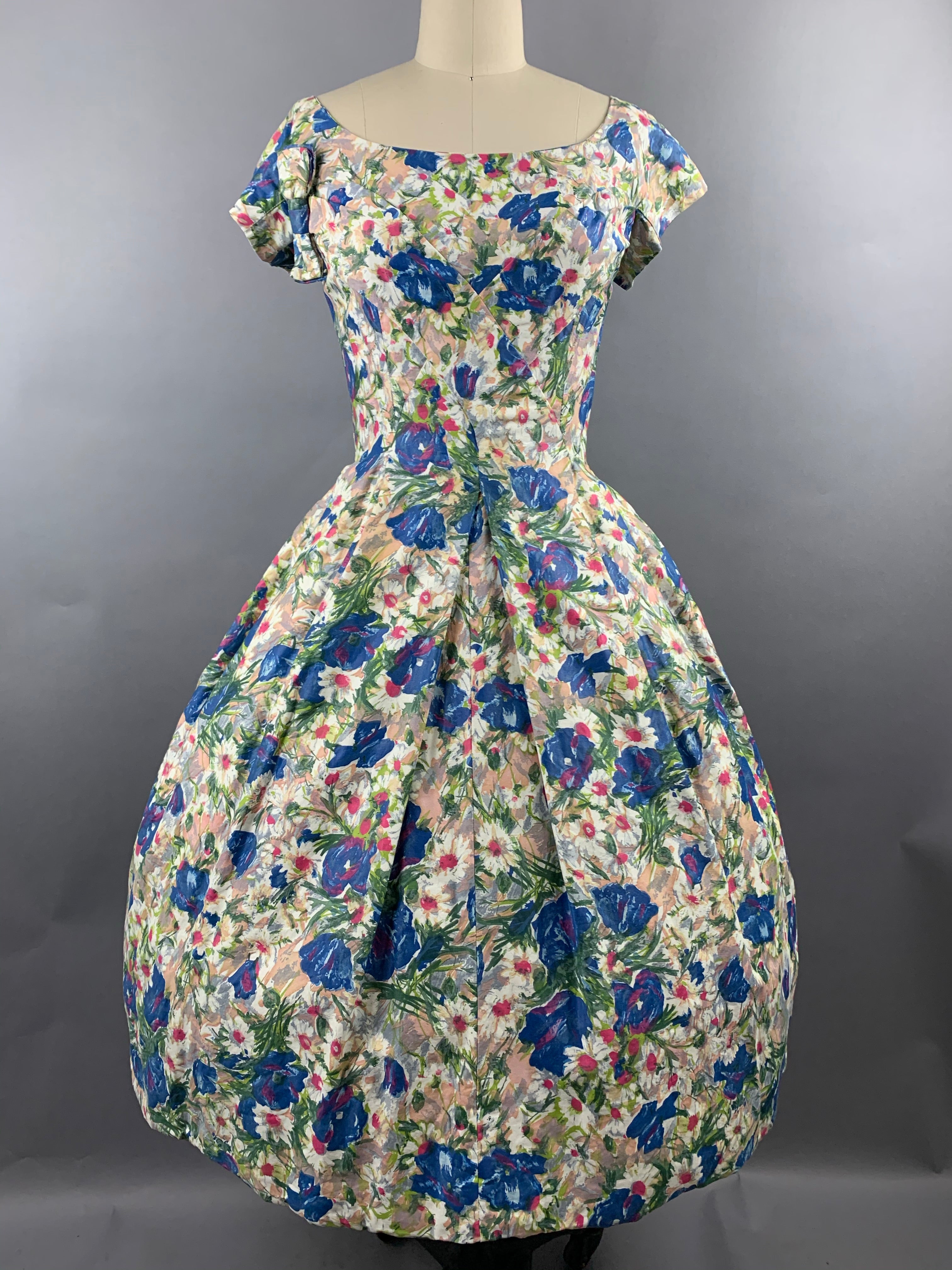 1950s Suzy Perette Blue Floral Polished Cotton Dress Size M