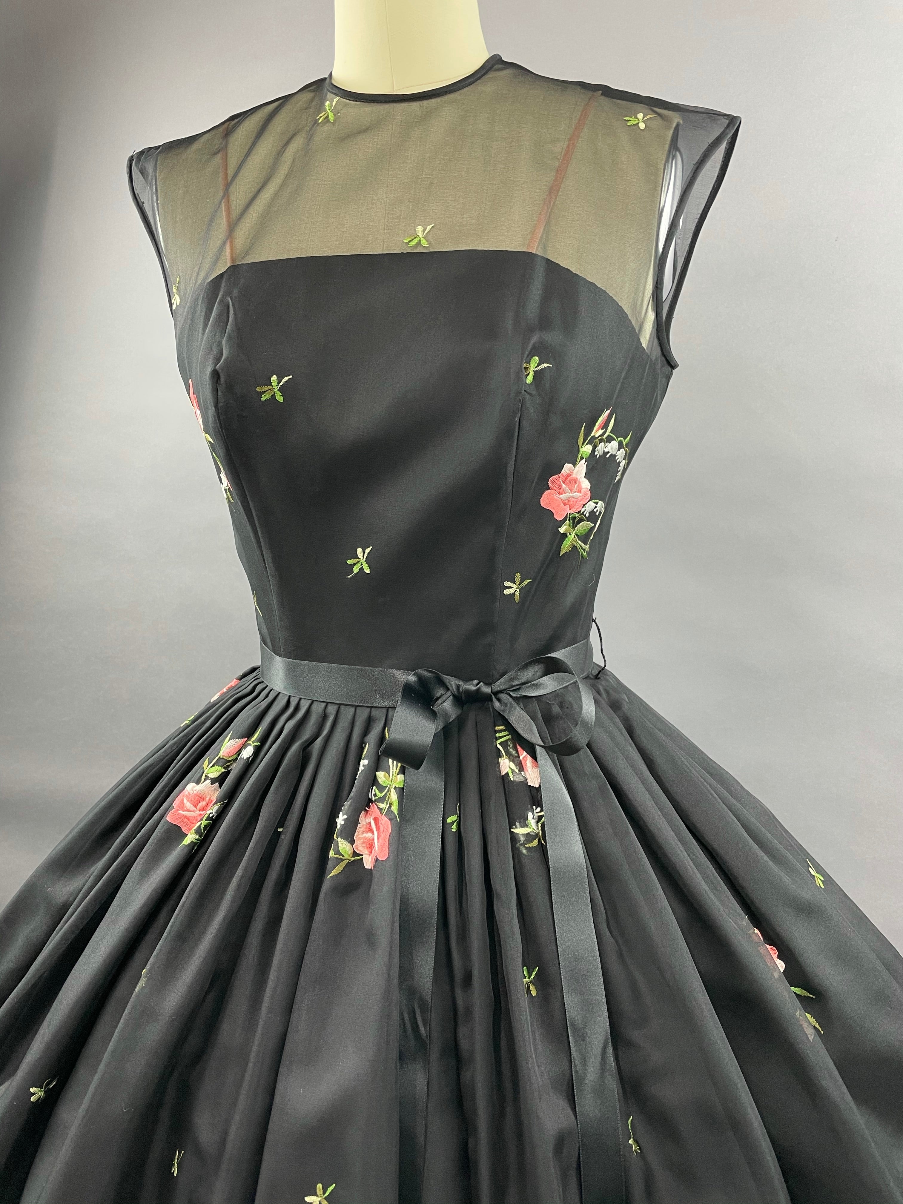 1950s Black Embroidered Suzy Perette Party Dress Size S