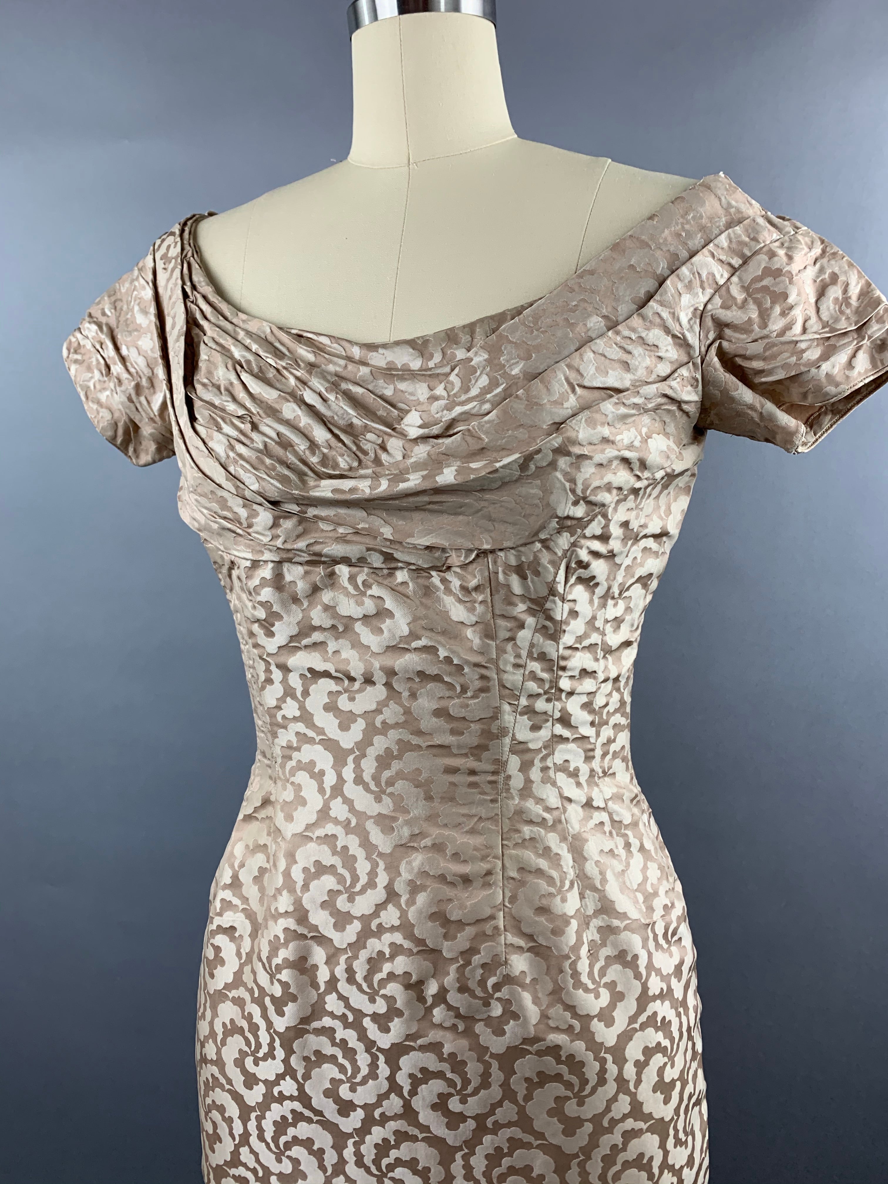 1950s Ceil Chapman beige gold silk-cotton wiggle dress Size S