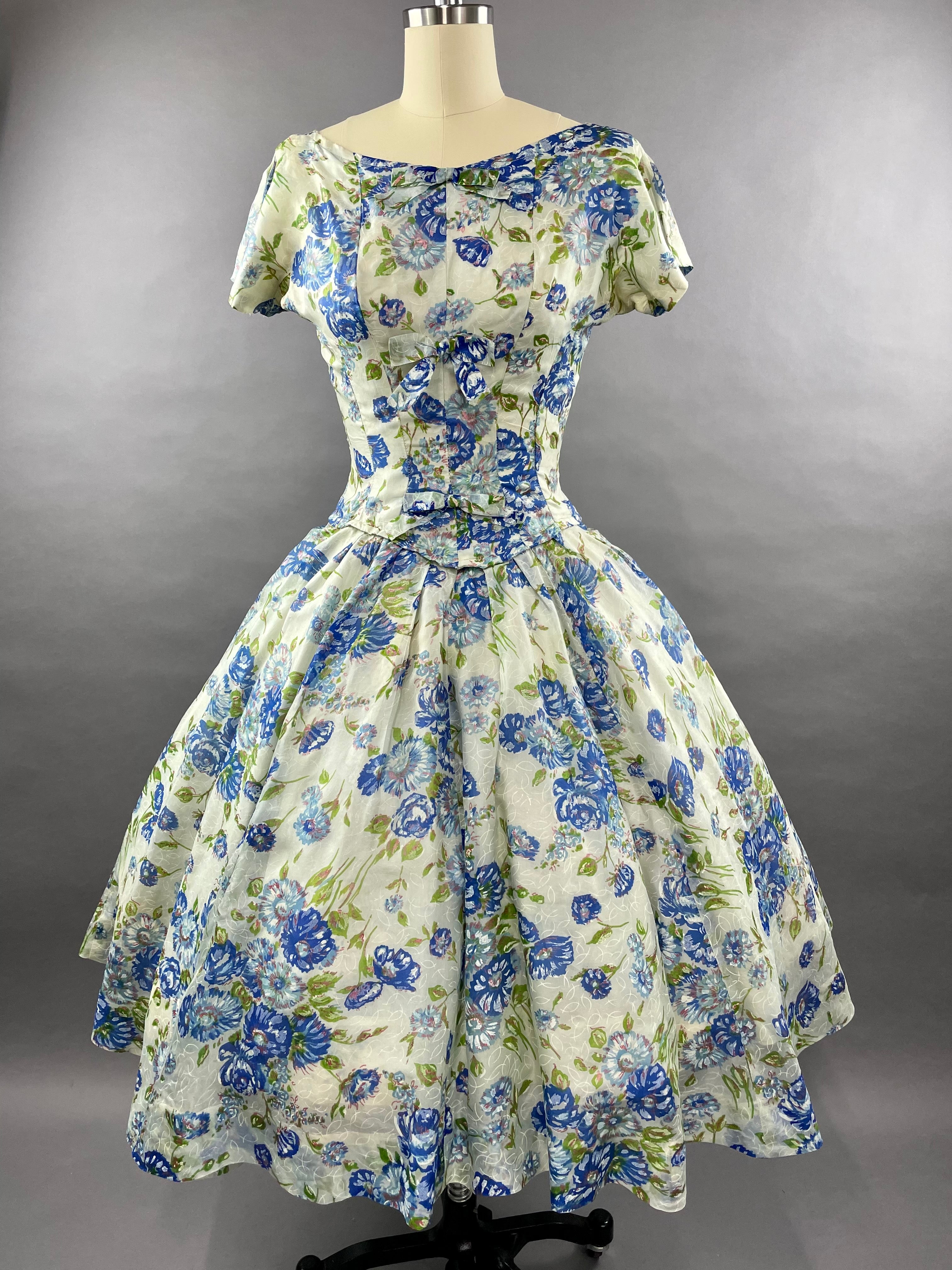 1950s Gigi Young Blue Floral Party Dress Size M