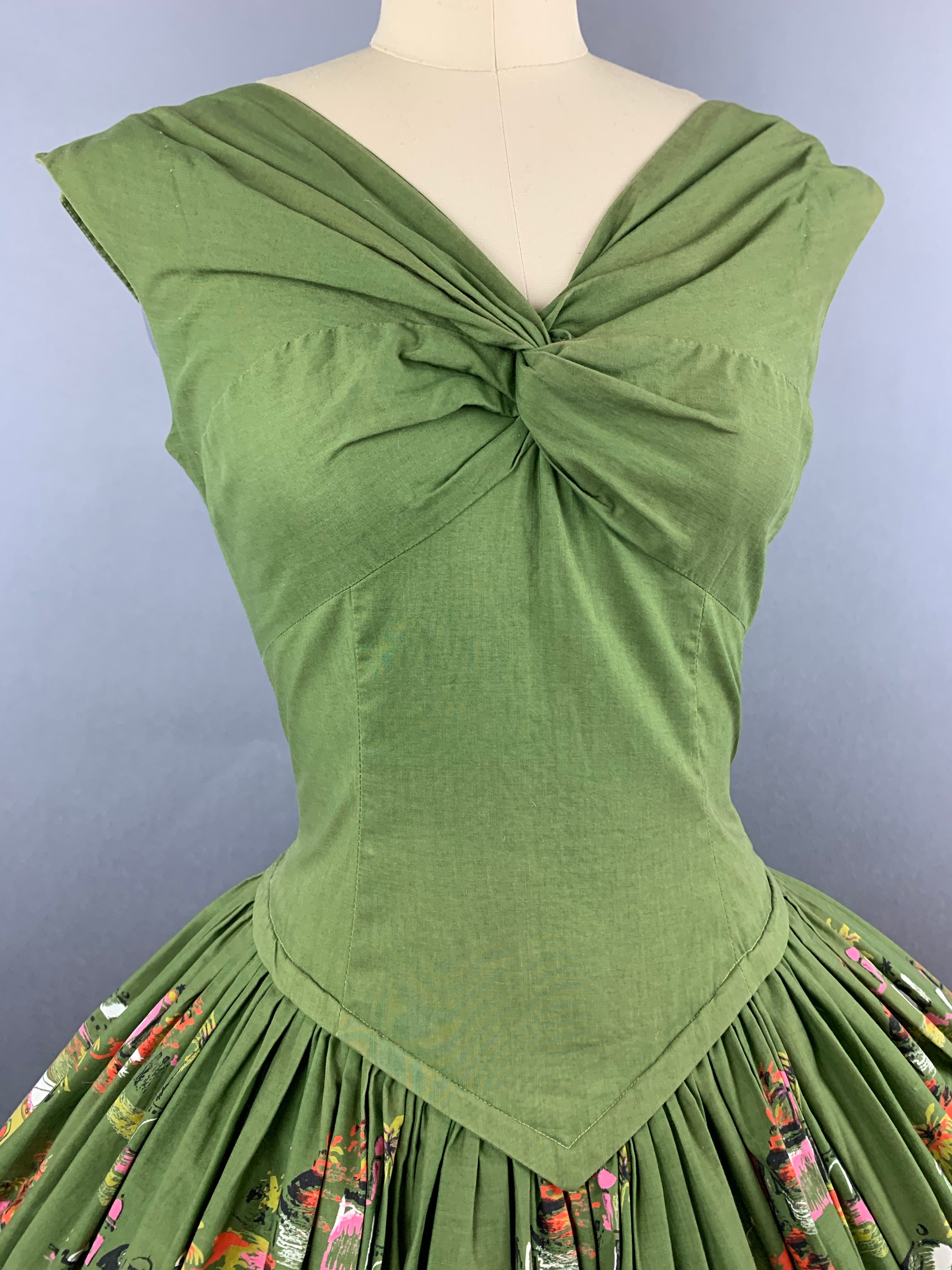 1950s Green Casbah Cotton Dress Size M