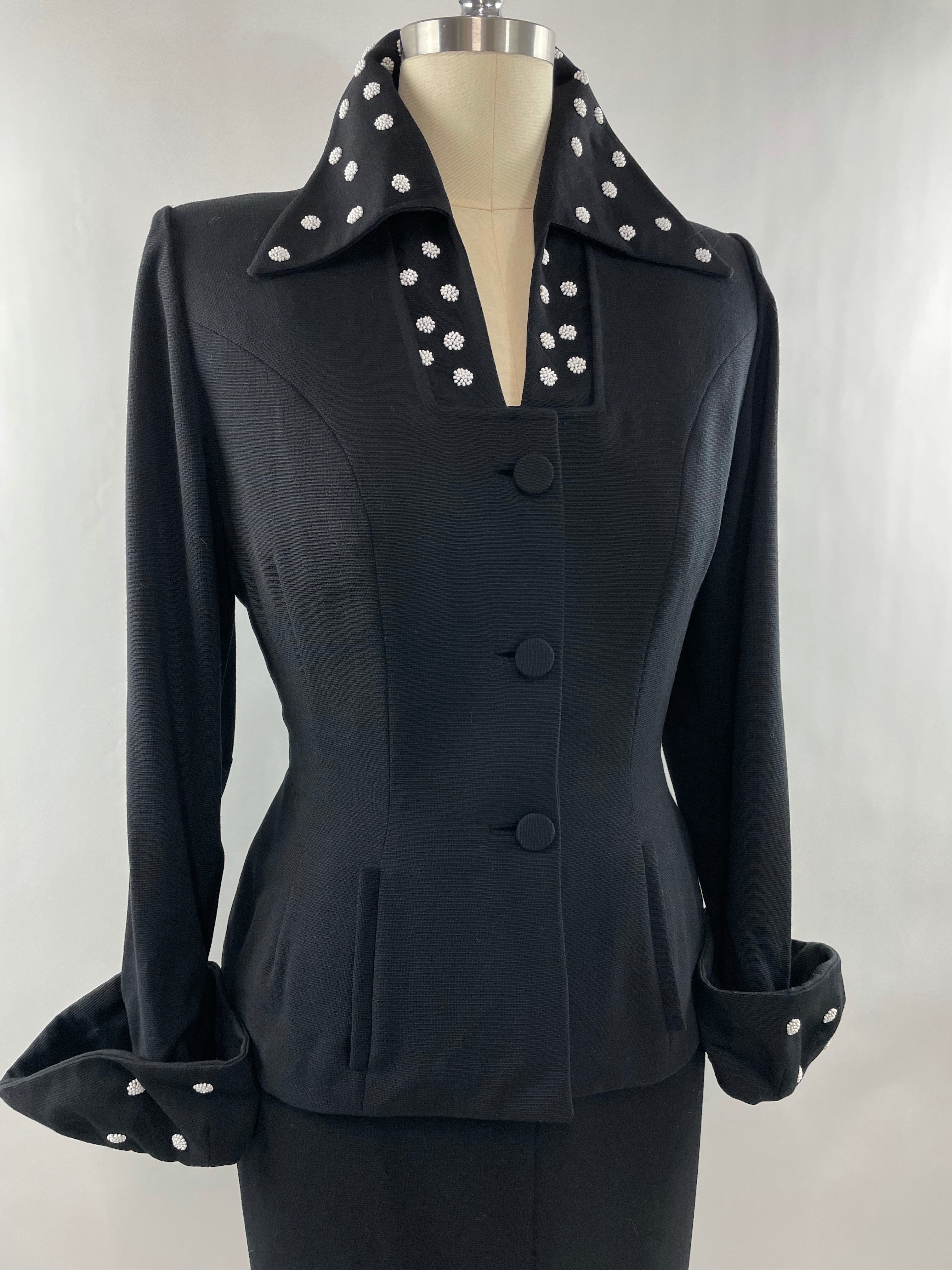 1950s Black Lilli Ann Skirt Suit with White Beading Size XL