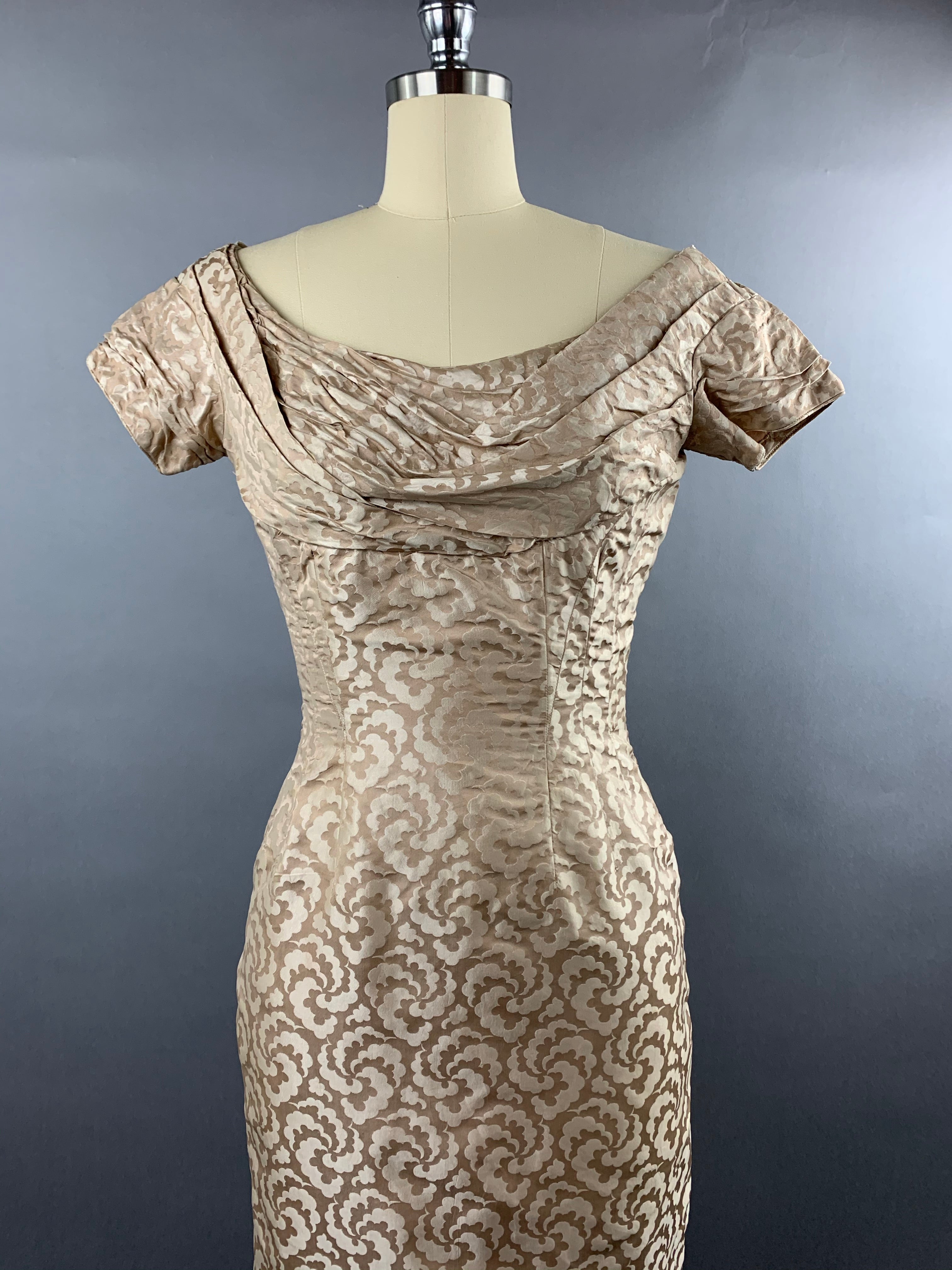 1950s Ceil Chapman beige gold silk-cotton wiggle dress Size S