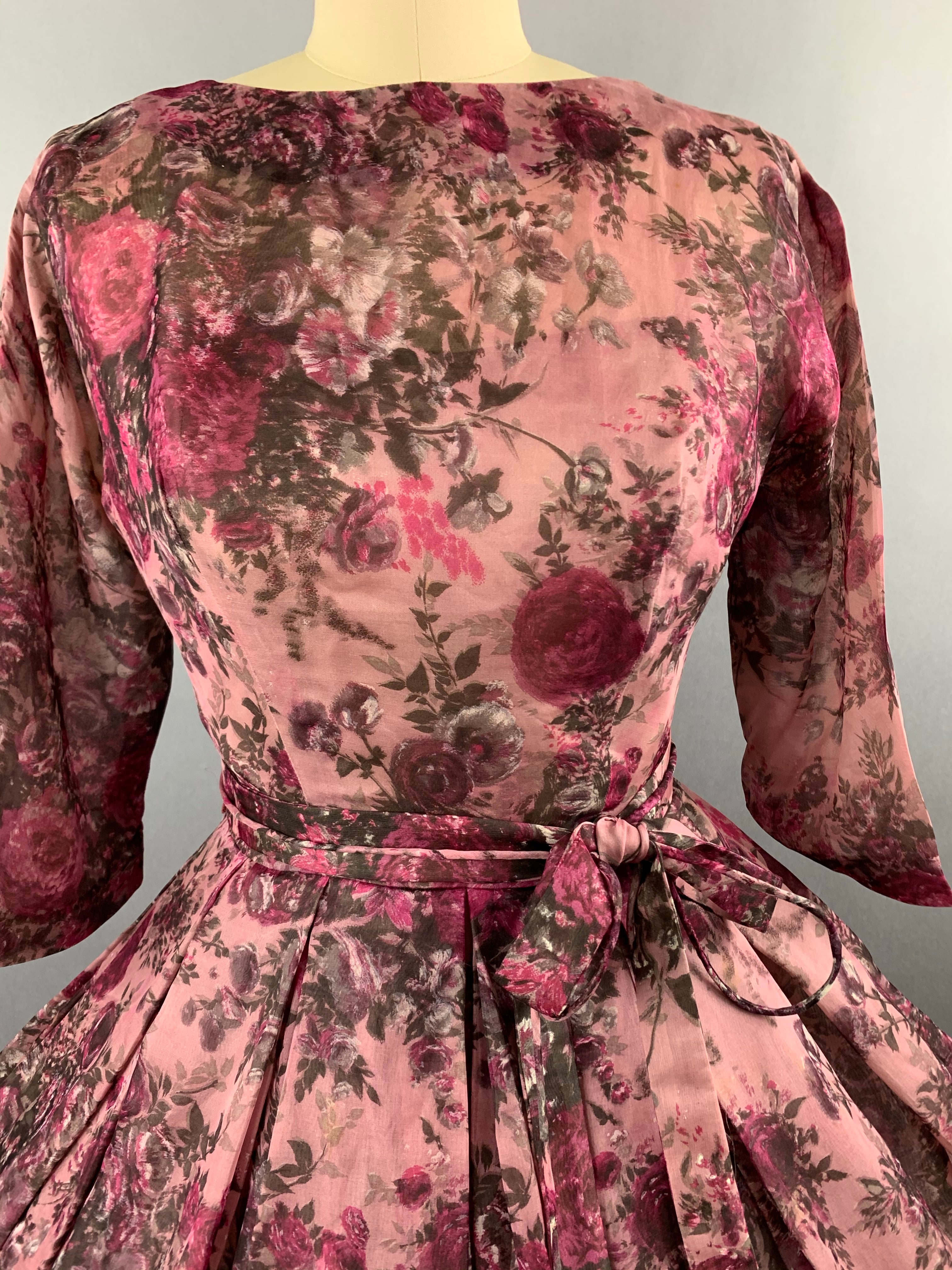 1950s Pink Roses Silk dress by Talmack John Moore New York Size M