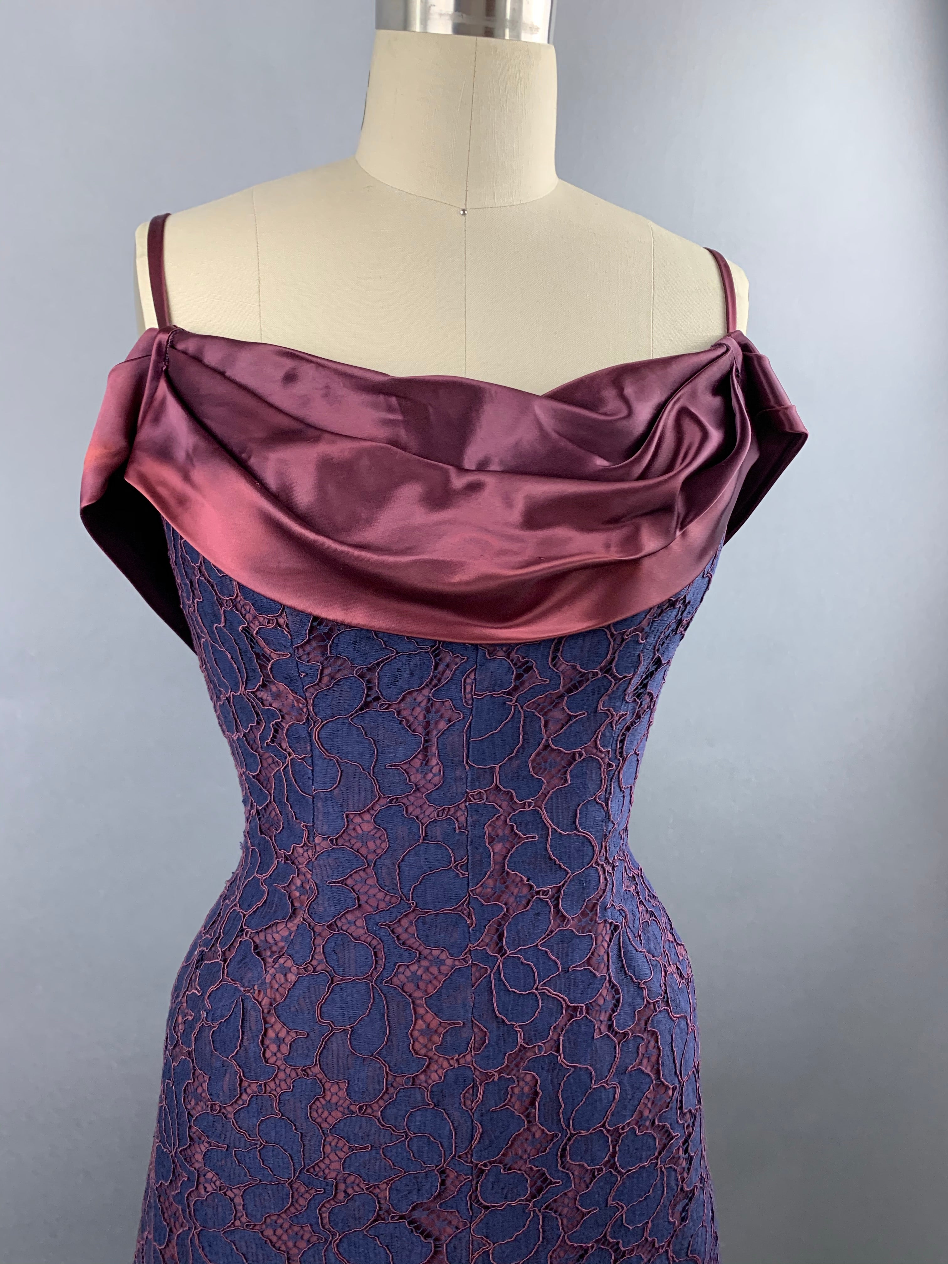 1950s Navy and Burgundy Lace and Satin Party Dress Size M