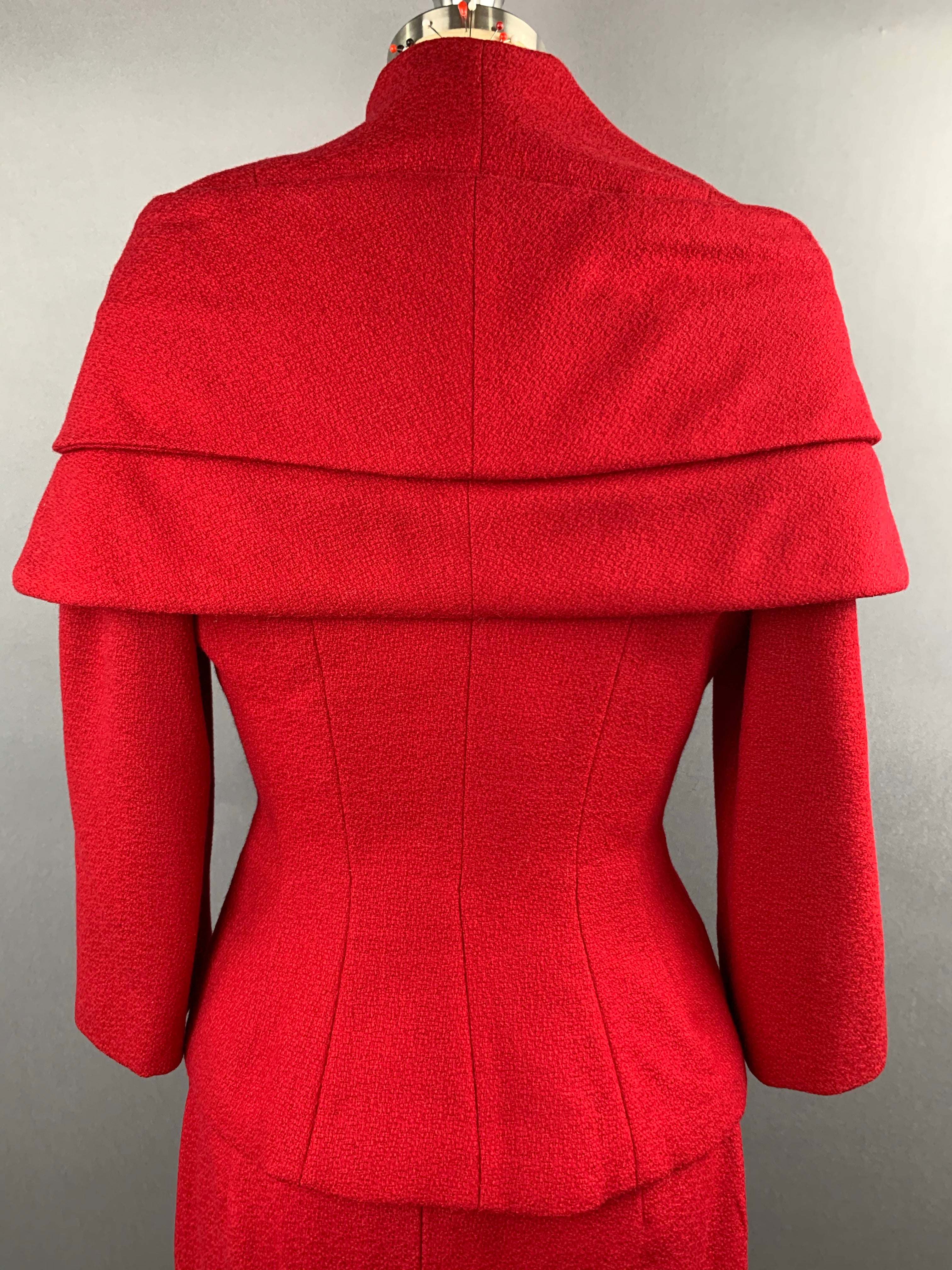 1950s Lilli Ann Red Wool Suit with Black Fox Collar Size S