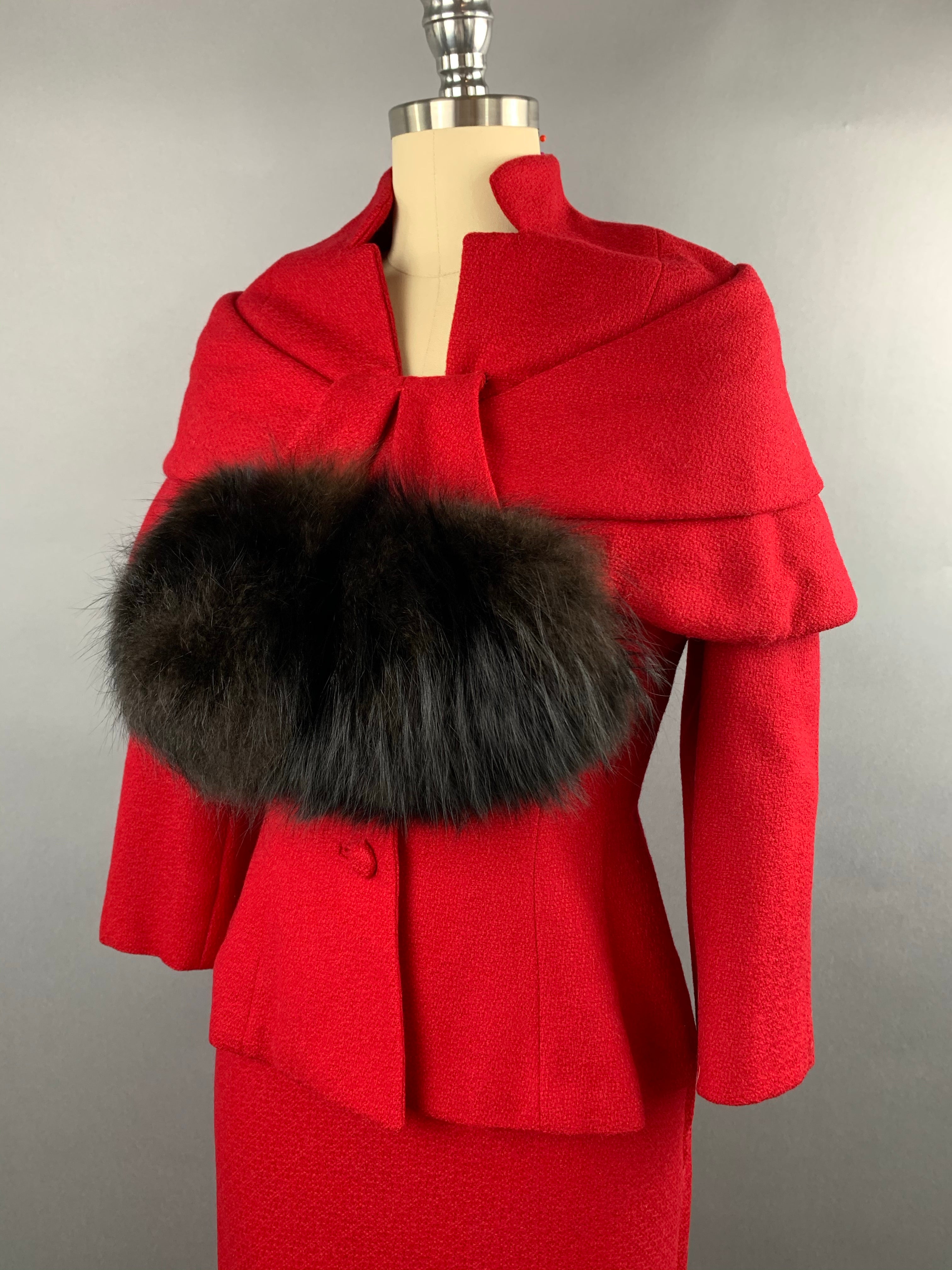 1950s Lilli Ann Red Wool Suit with Black Fox Collar Size S