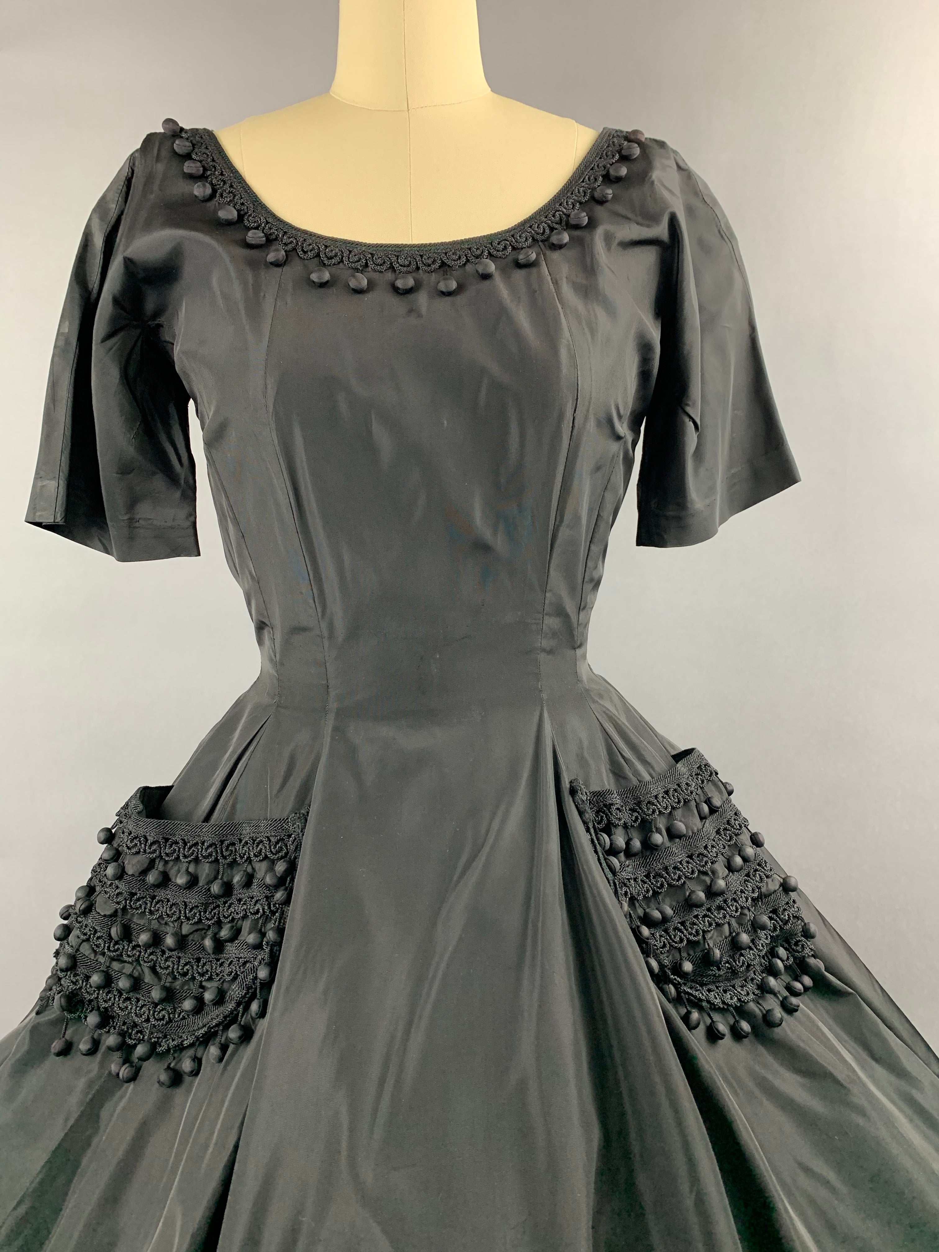 1950s Black Taffeta (unlabelled Suzy Perette) Pom Poms Dress S