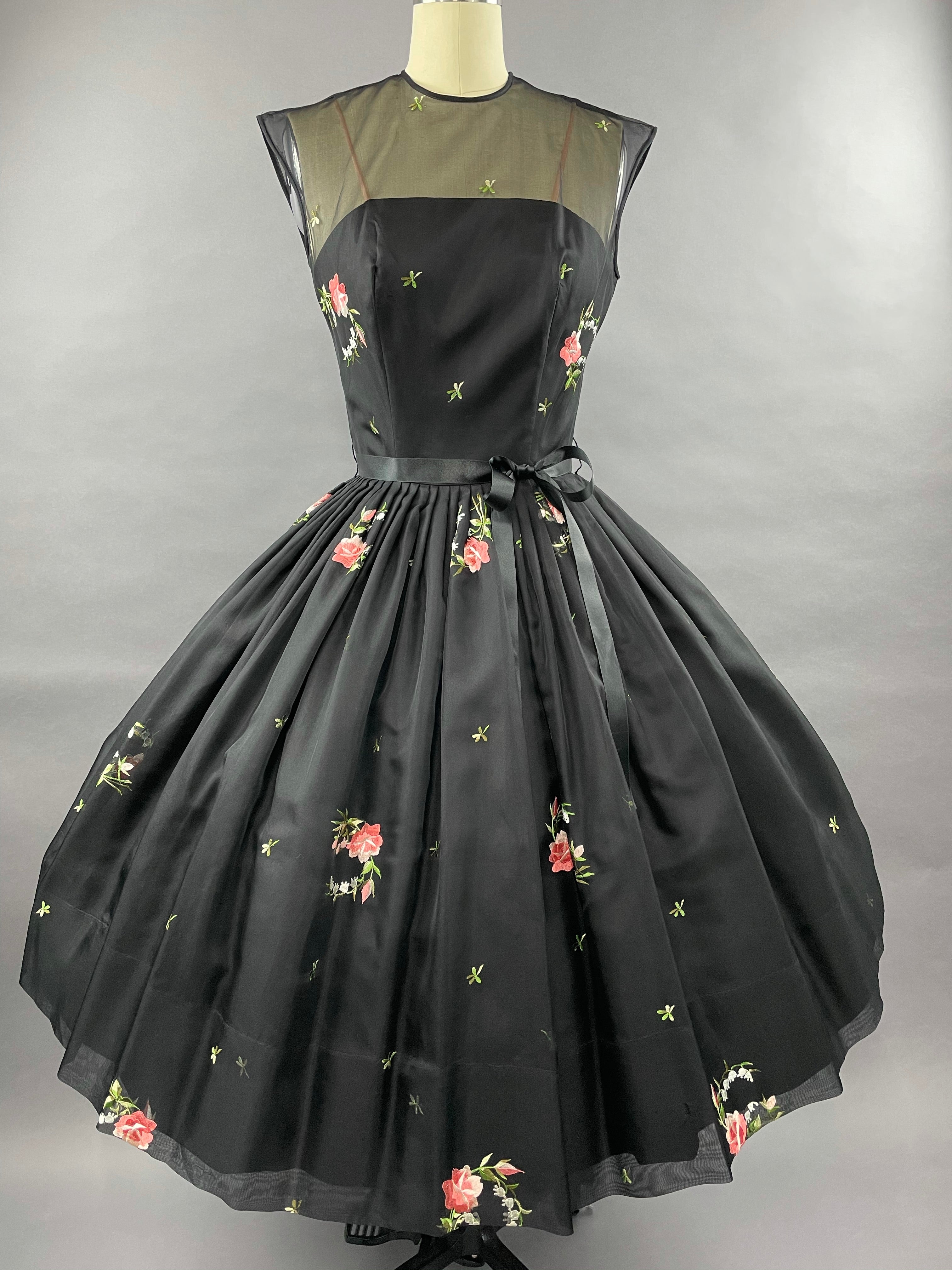 1950s Black Embroidered Suzy Perette Party Dress Size S