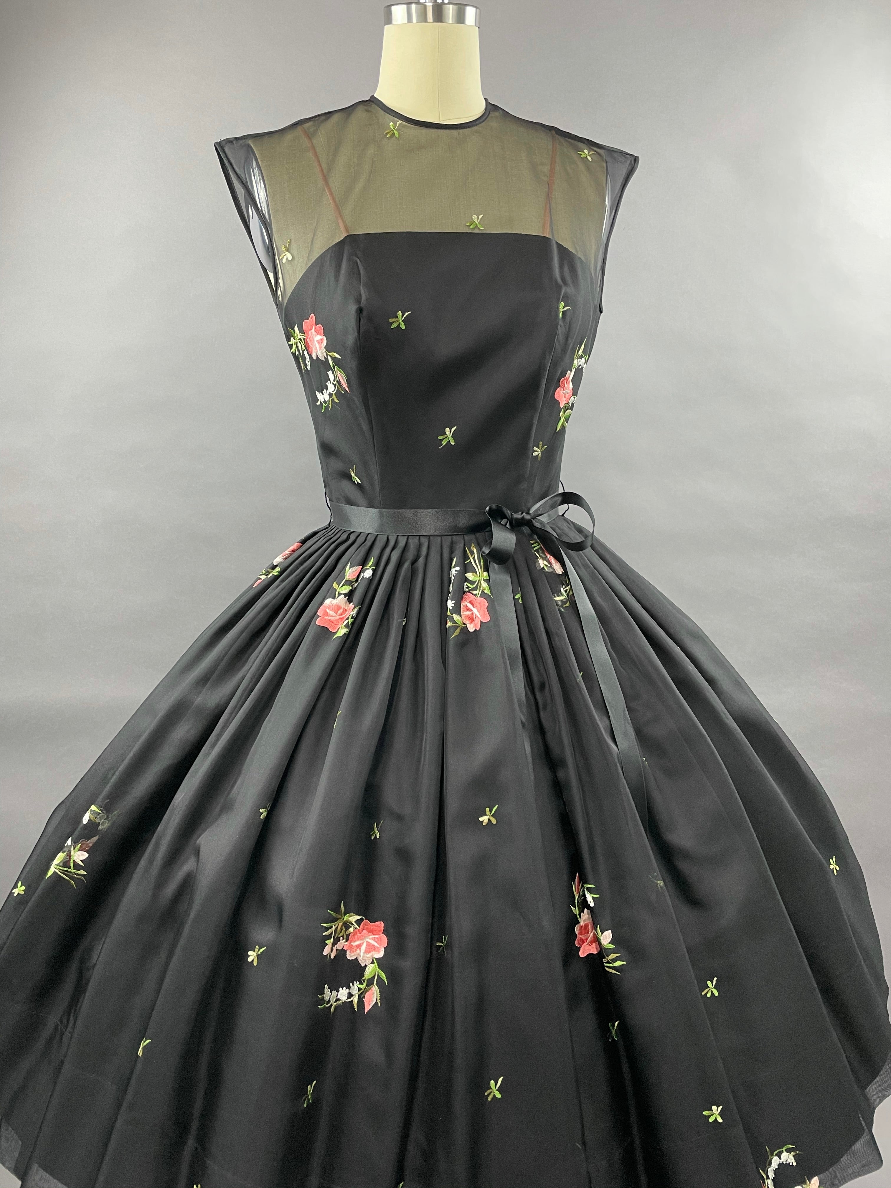 1950s Black Embroidered Suzy Perette Party Dress Size S