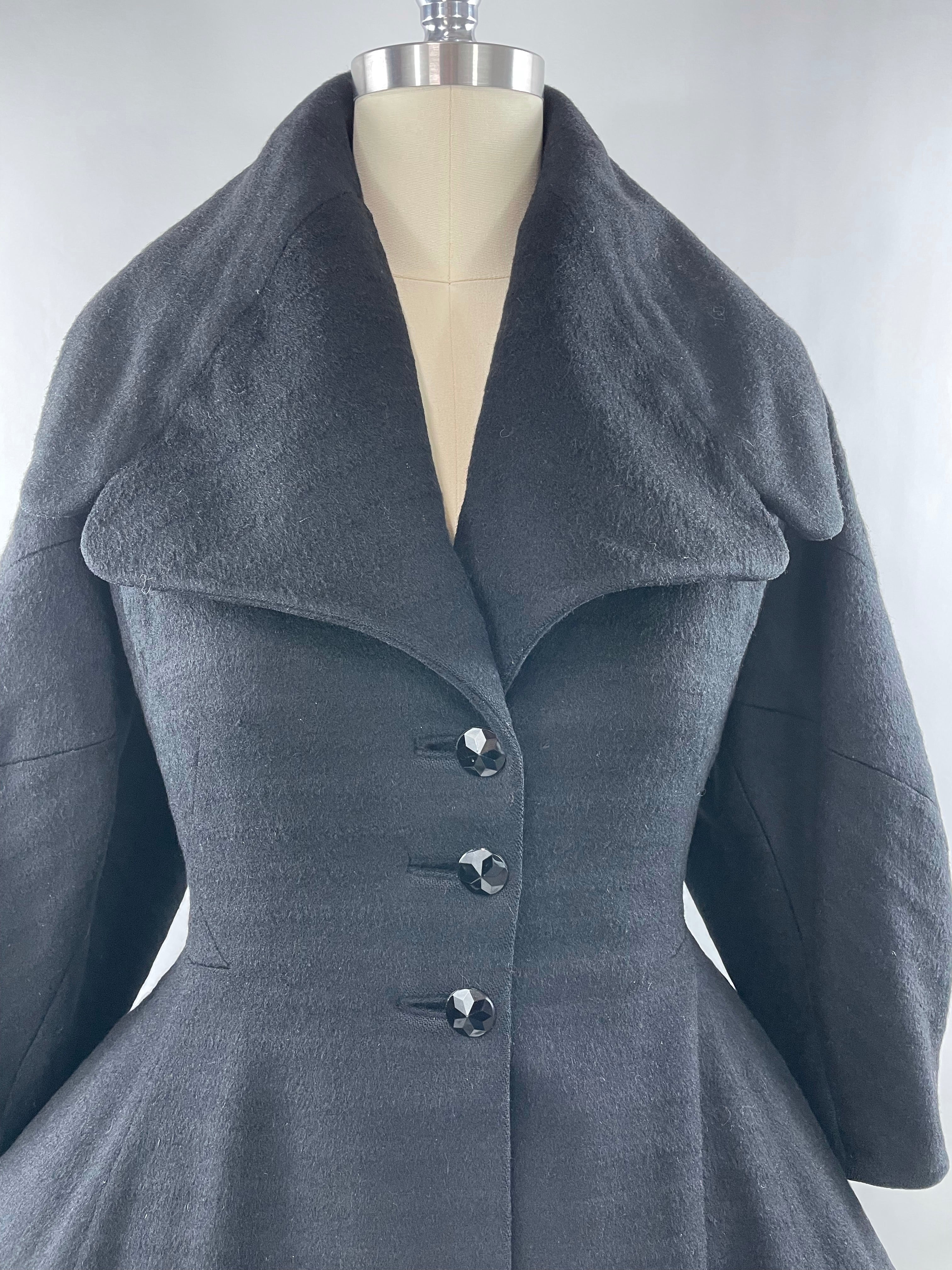 1950s Black Wool Lilli Ann Princess Coat with Exaggerated Collar and Sleeves Size L