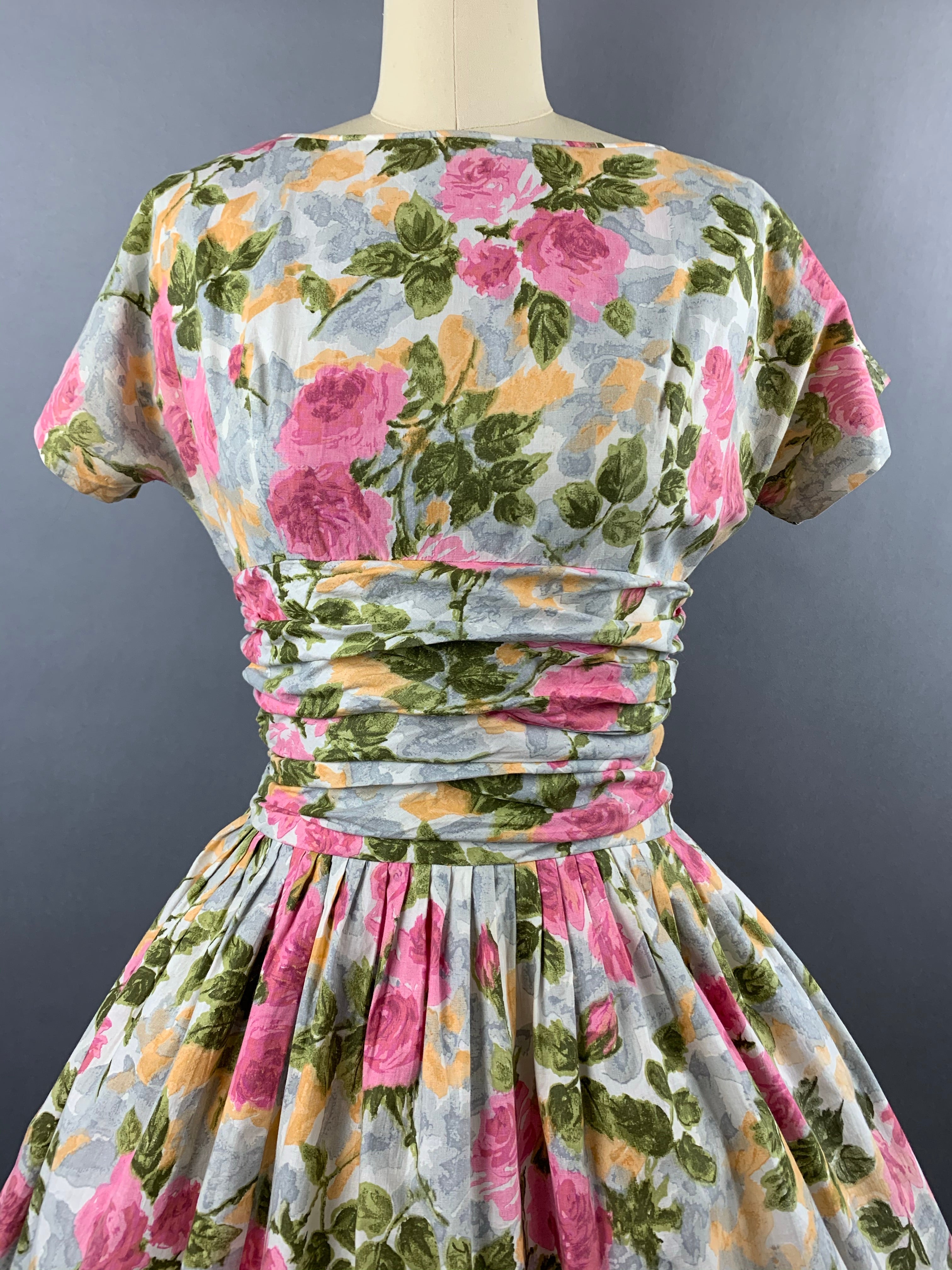 1950s Pink Roses Cotton Floral Dress Size M