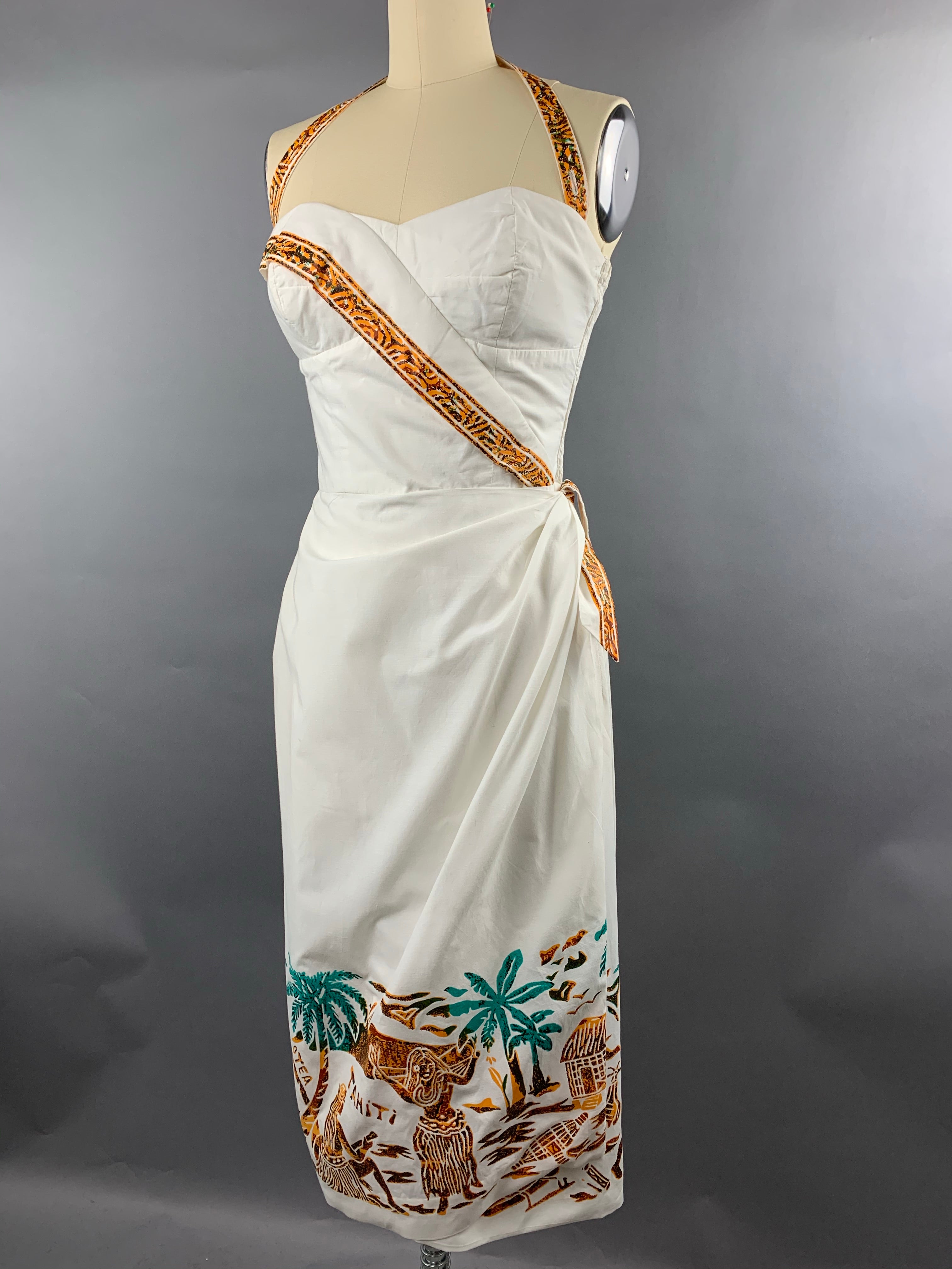 1950s Alfred Shaheen White Tahiti Border Print Sarong Dress Size XS Size S