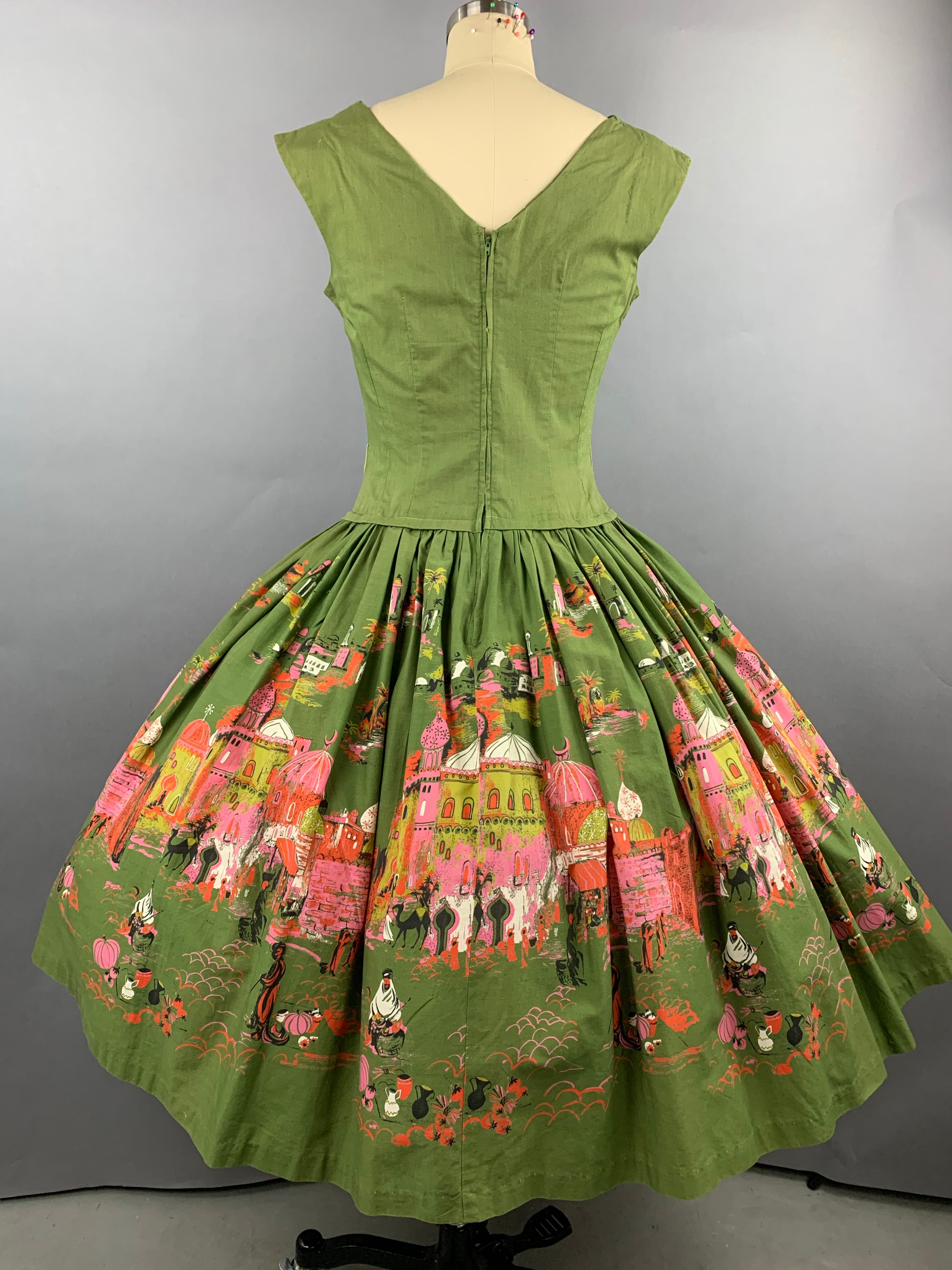 1950s Green Casbah Cotton Dress Size M